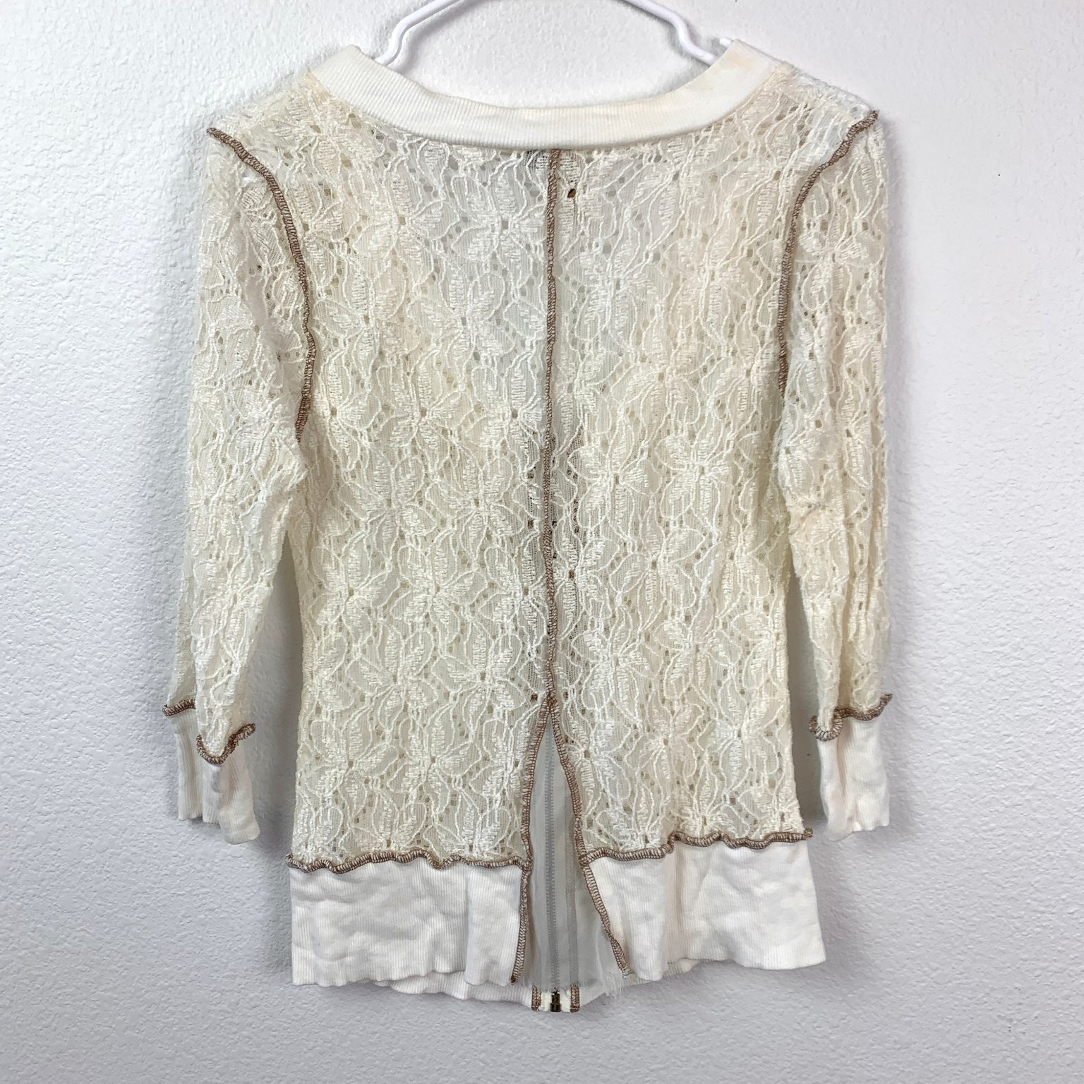BKE Lace Full Zip Cardigan Womens M 3/4 Sleeve Cream Vintage Boho Cottagecore