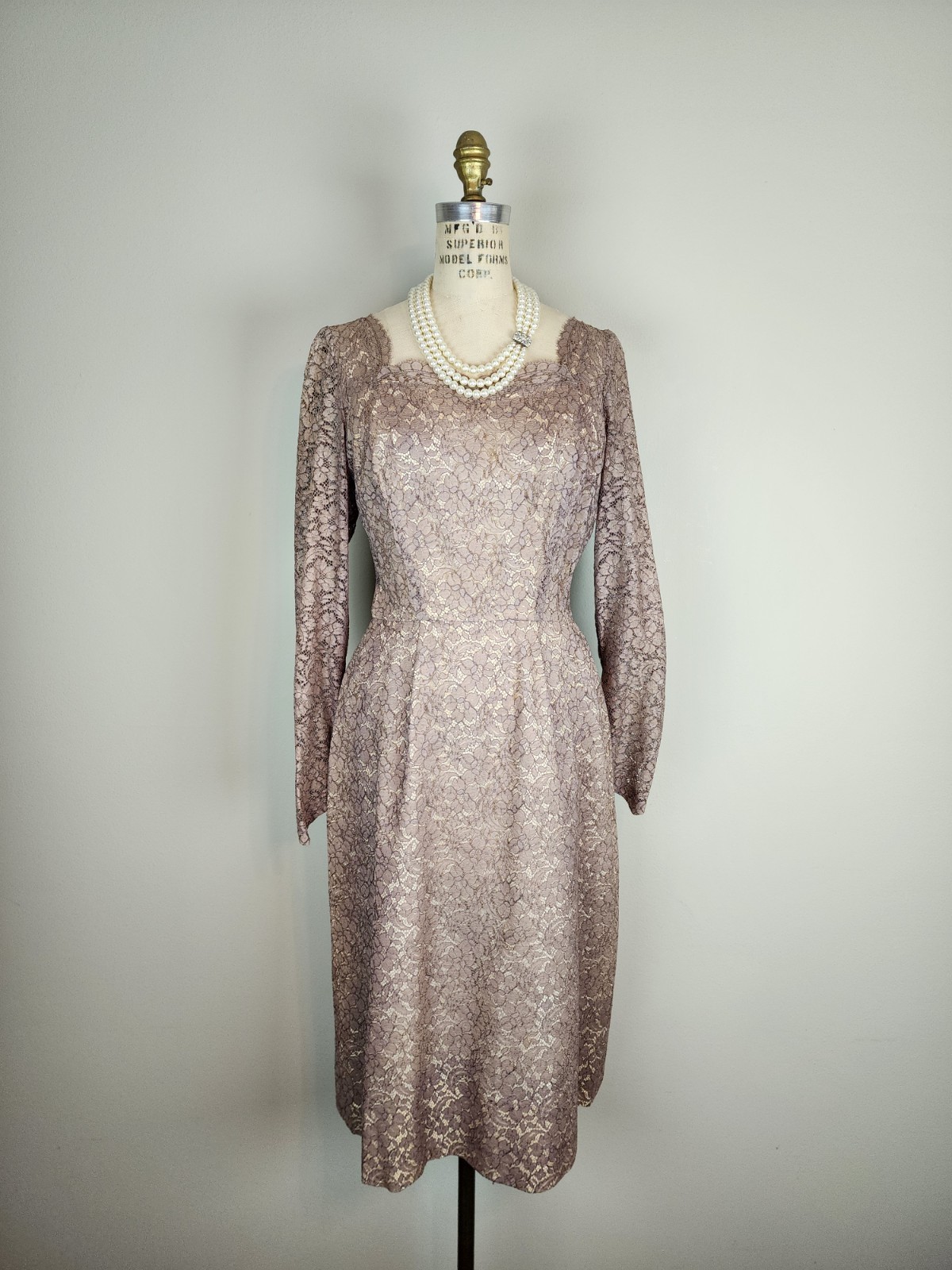 Vintage Late 1940’s Mauve Lace Over Champagne Satin Cocktail Dress with Godet
