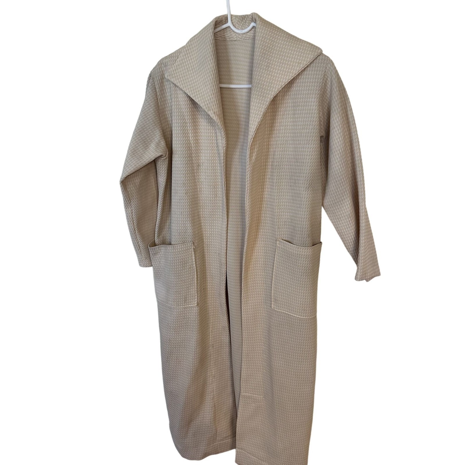 Vtg Womens Beige Longline Cardigan Duster Coat Robe Open Front & Pockets 70s OS
