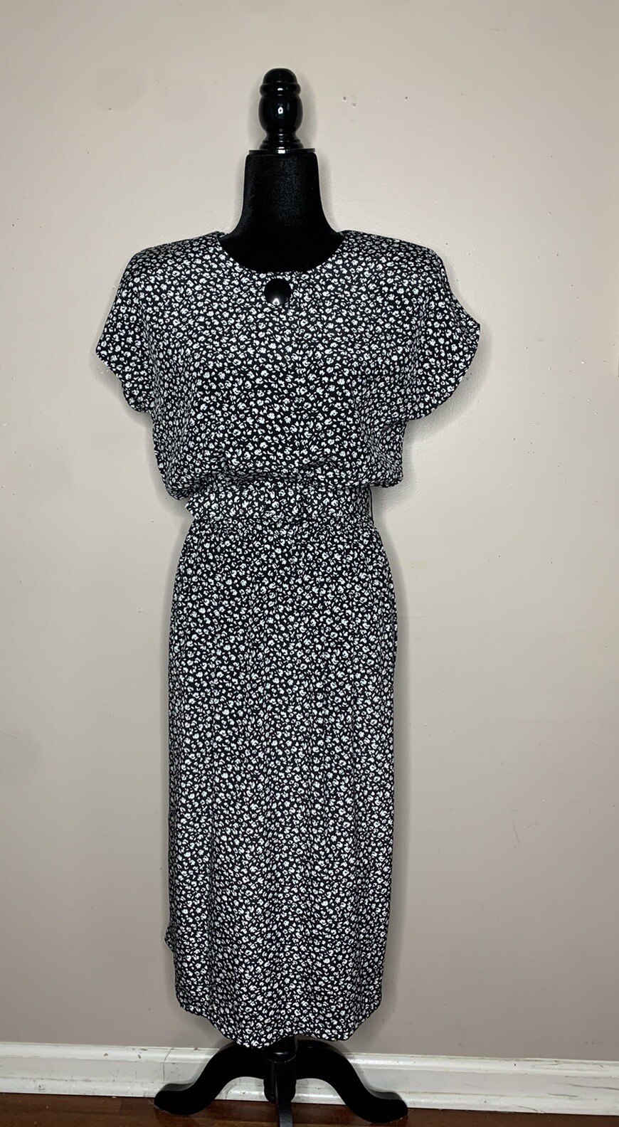 Vintage 80s Pellini Von Bramlett Black White Floral Belted MIDI Dress USA Sz 7/8