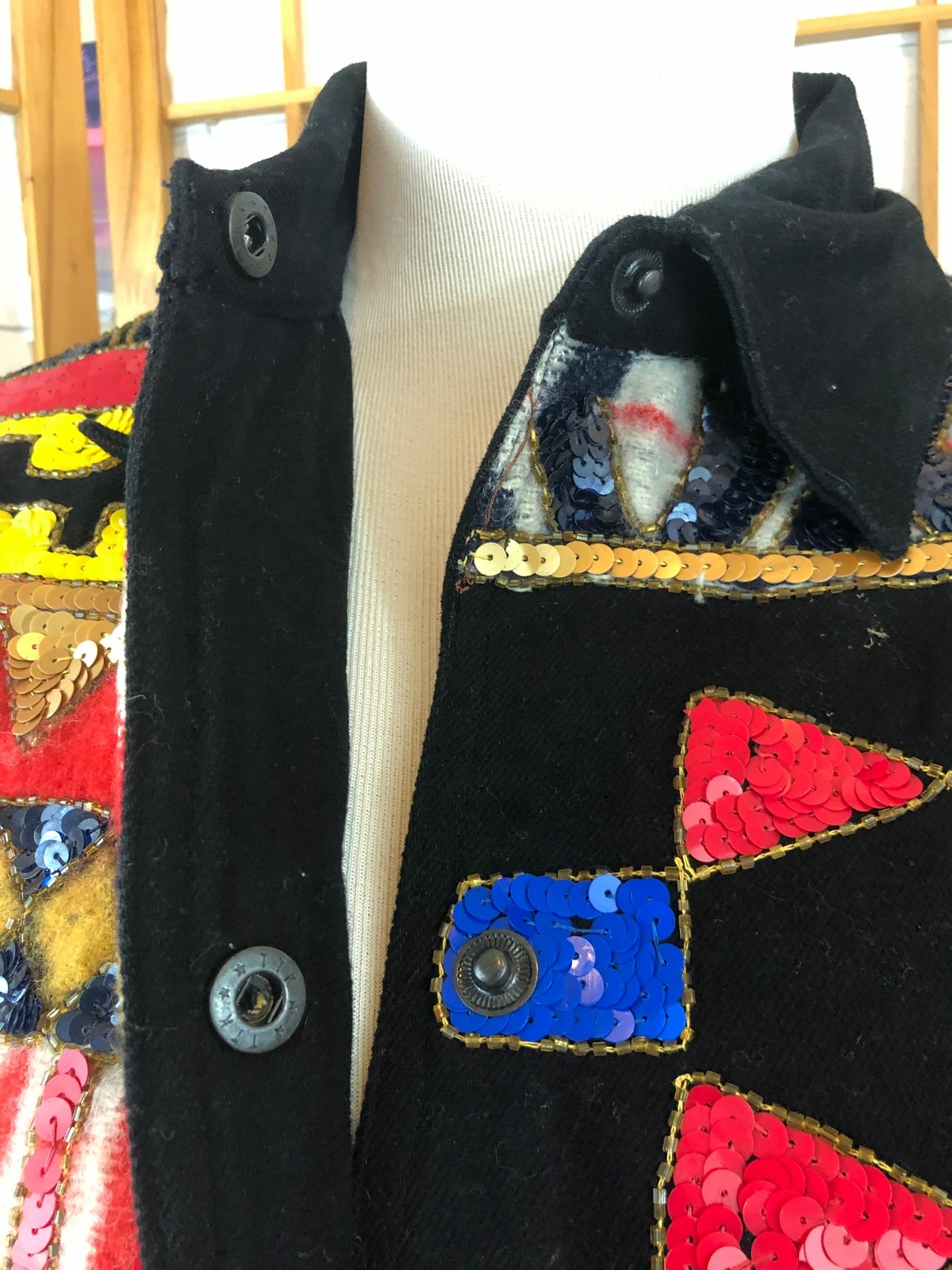 Vintage Modi Denim Black with Red Cotton Snap Button Front Sequined Jacket 8-10