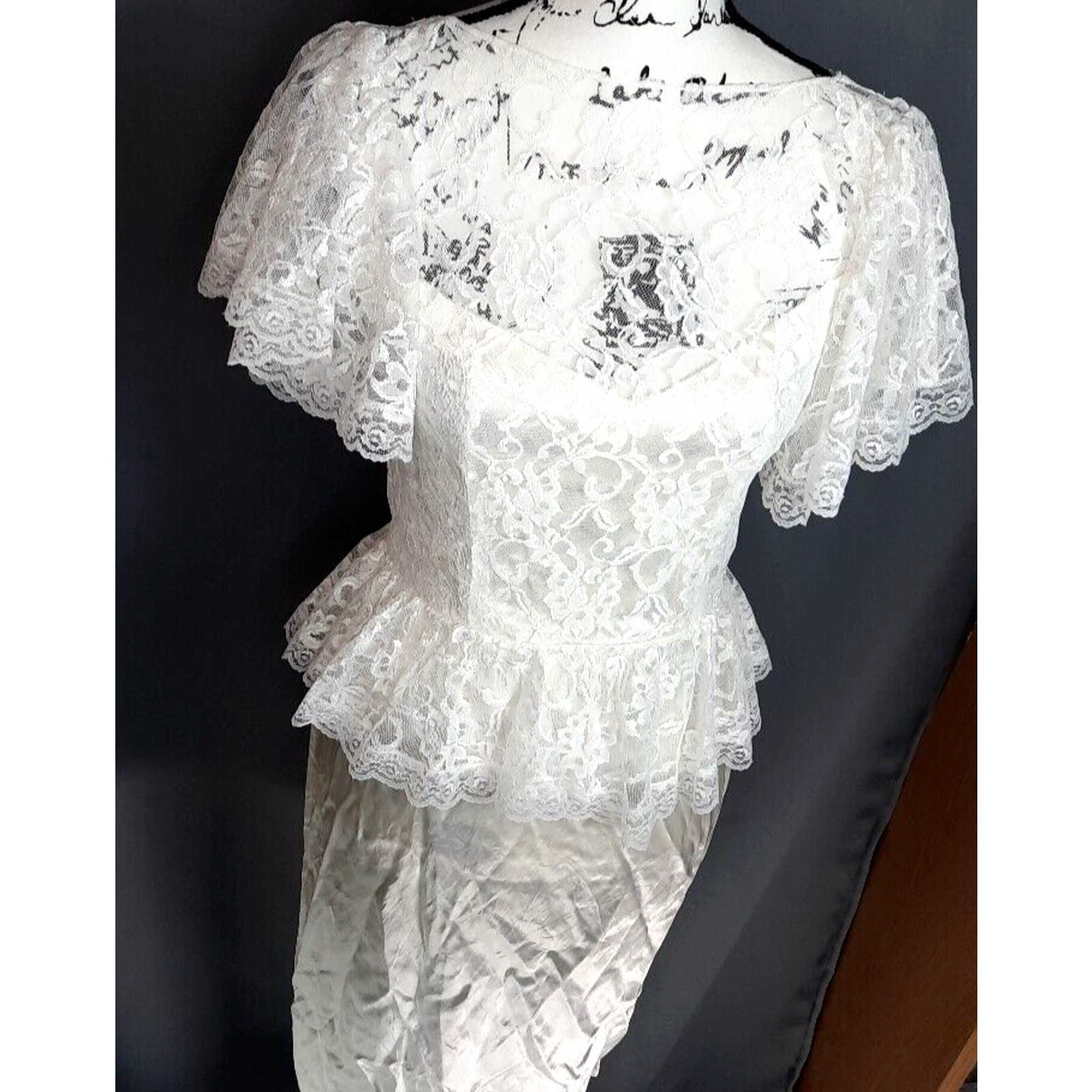 Vtg Diamonds Run Lace Puff Sleeve Peplum Satin Midi Dress Size 8 White Coquette