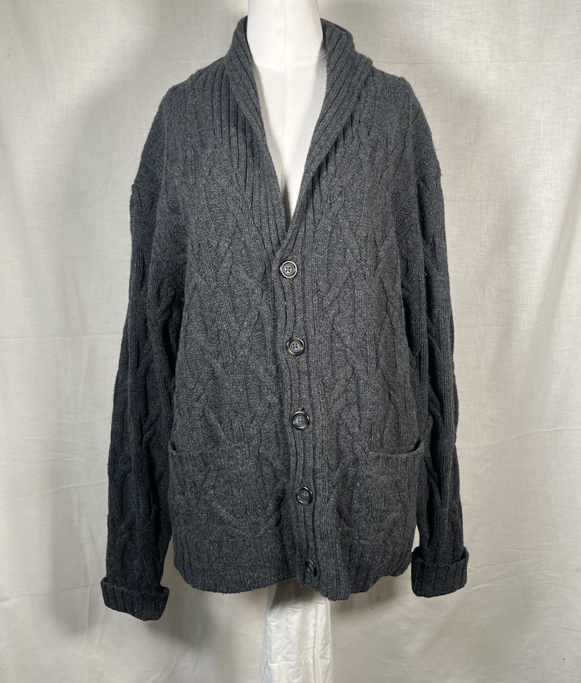 Vintage 60s 70s Pendleton Cable Knit Lamb Wool Collar Cardigan Sweater Grey M US