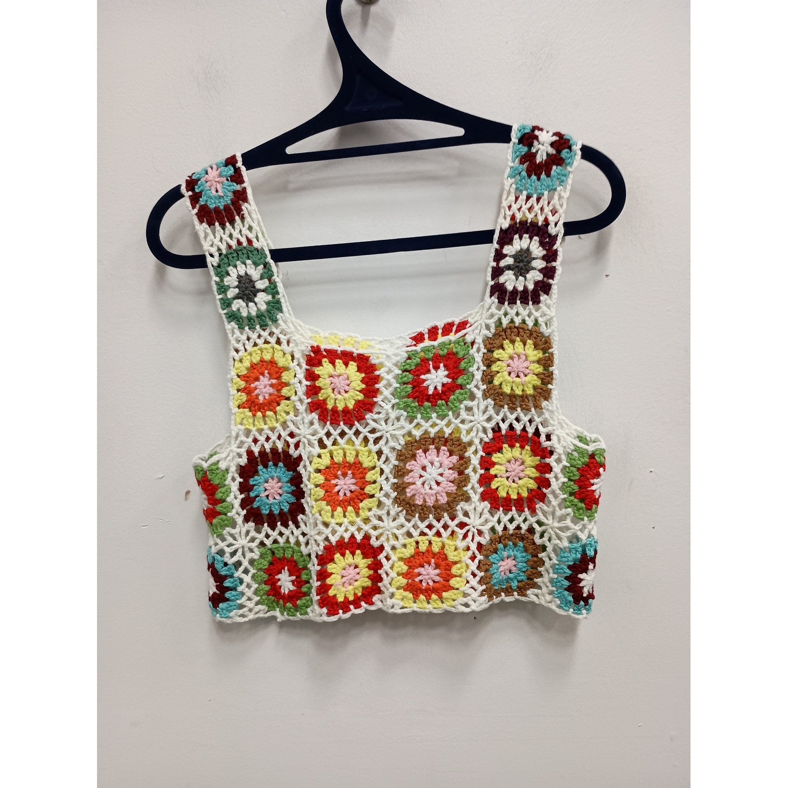 Vintage Crochet Granny Square Crop Top Small Multicolor Y2K Boho Festival