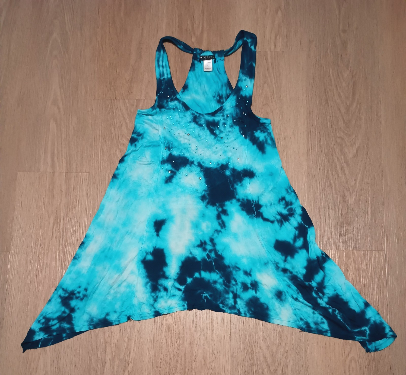 Vtg Y2K Teal Tie Dye Asymmetric Racerback Tunic Top swim coverup summer S
