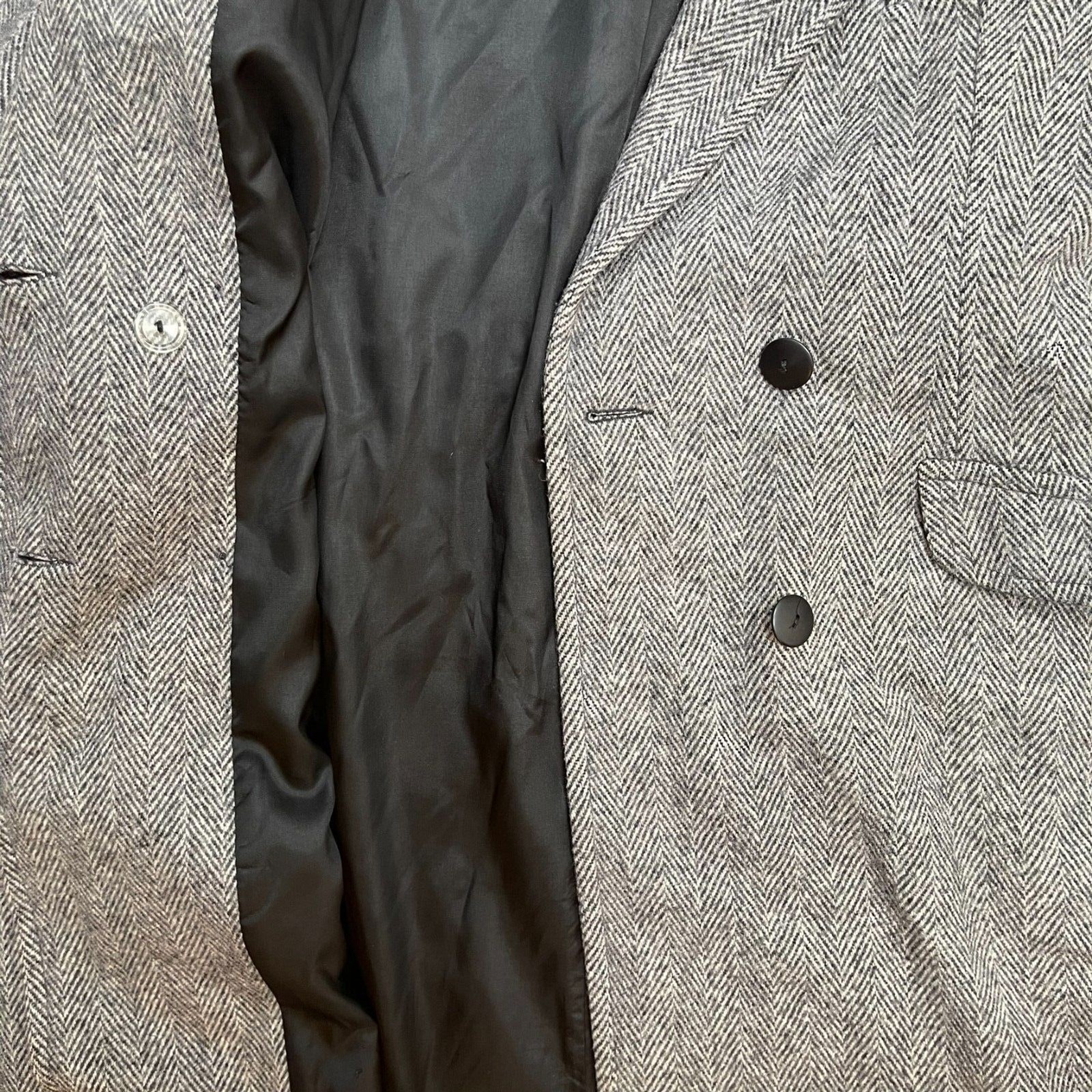 Herman Kay Vintage Double Breasted Wool Gray Herringbone Peacoat Velvet Collar12