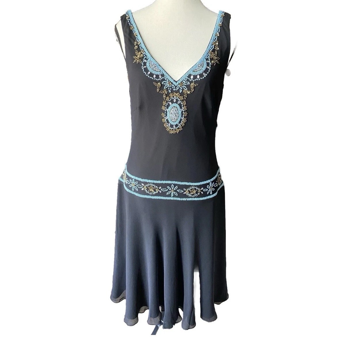 Vtg Vera Chris 100% Silk Bded Flapper Drs Sz 8 Blk Turq Art Deco Gatsby Drop Wai
