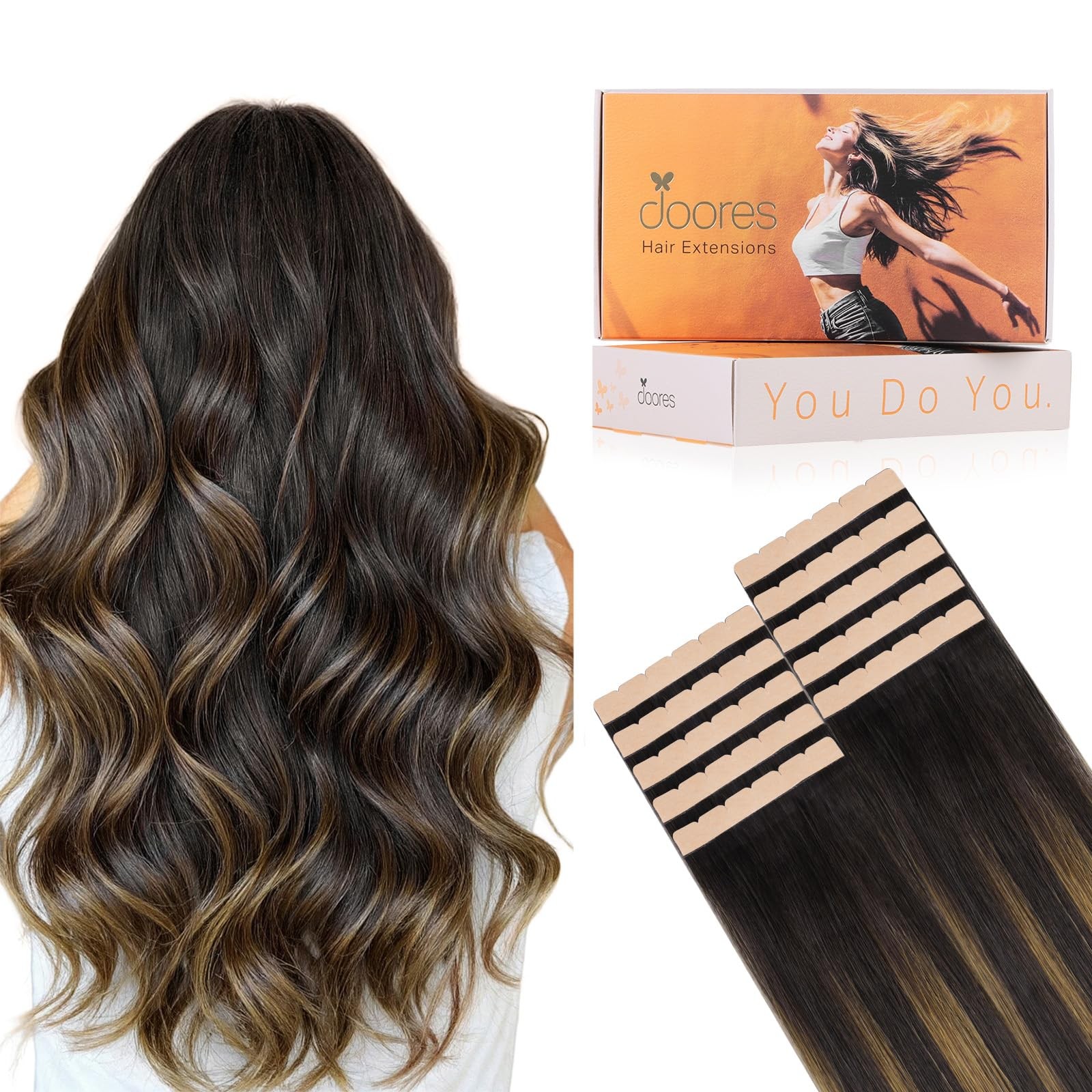DOORES Tape in Hair Extensions, 10pcs 35g 16 Inch Balayage Dark Brown to Chestnu
