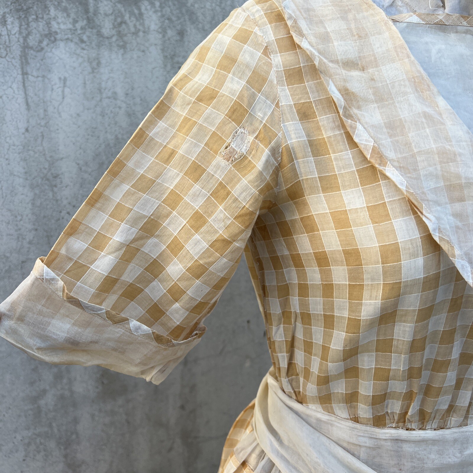 Antique 1920s 1930s Yellow Checkered Organza Cotton Dress Striped Prairie Vtg
