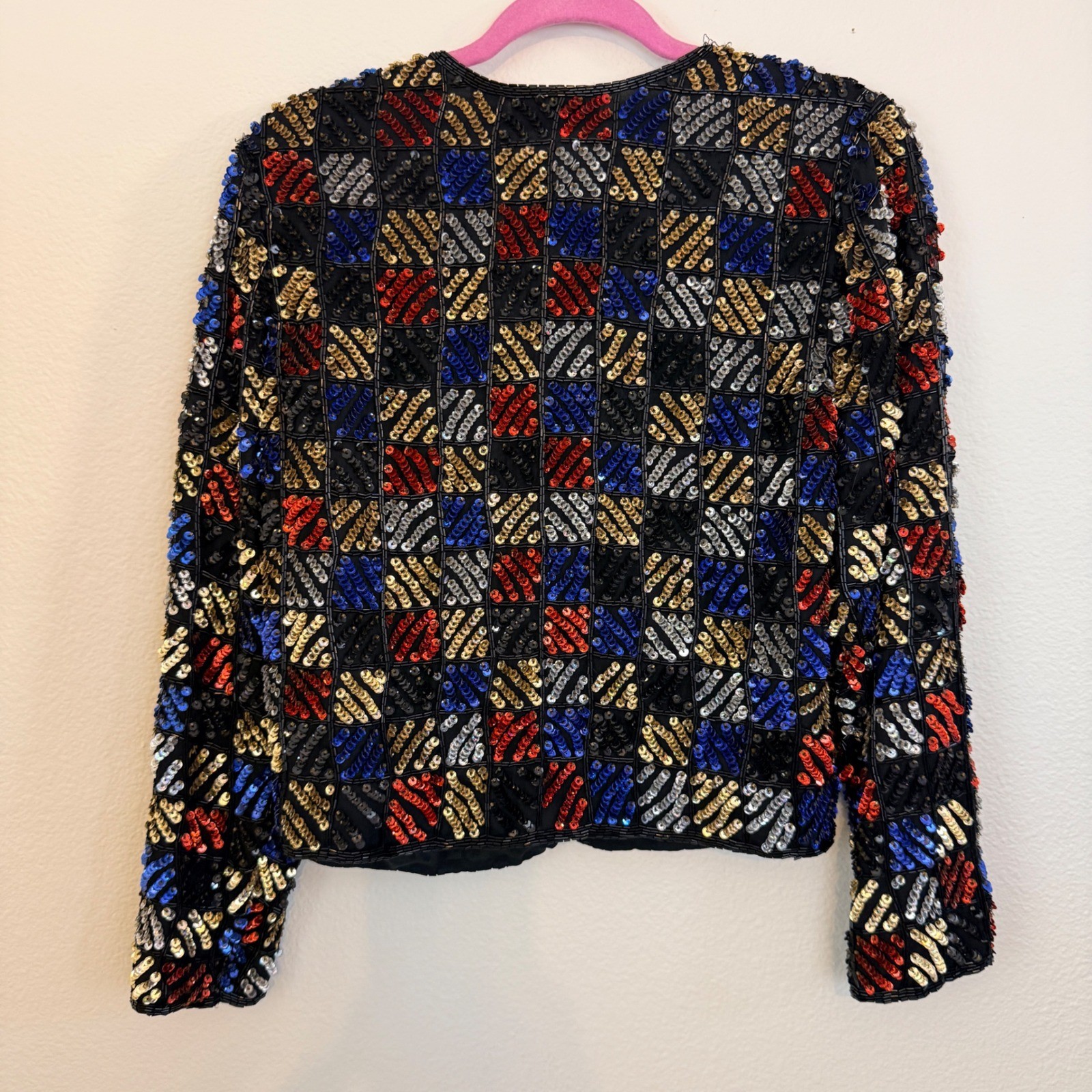 Vintage 80s Laurence Kazar Sequin Beaded Silk Jacket Black Red Blue Gold Small
