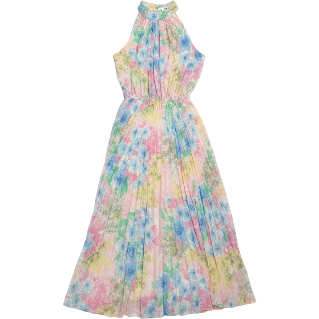 Lanz Originals Vintage Floral Halter Maxi Dress Pastel Pleated Open Back Size 6