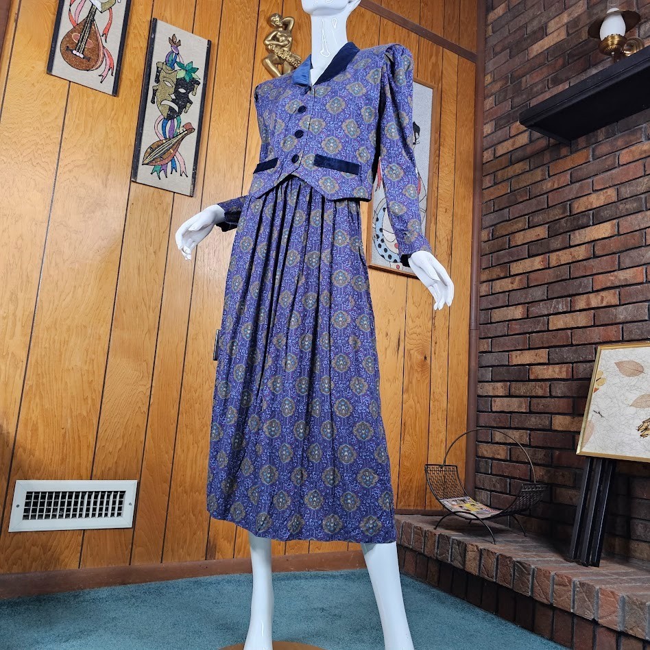 Vtg 90s Velvet Ornate Paisley British Preppy Rayon Midi Riding Vest Dress S/M