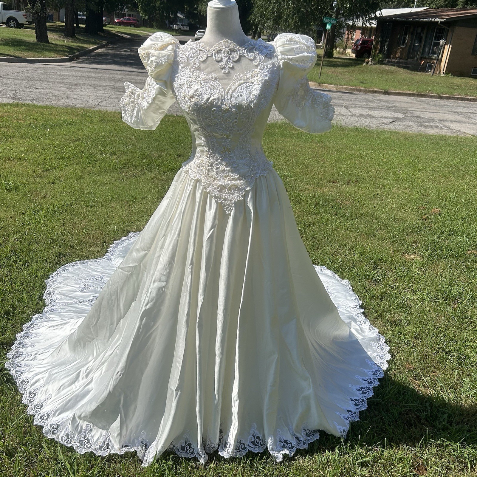 Vtg 80s Ivory Satin Beaded Bride Wedding Dress Short Sleeve Long Train Size 14