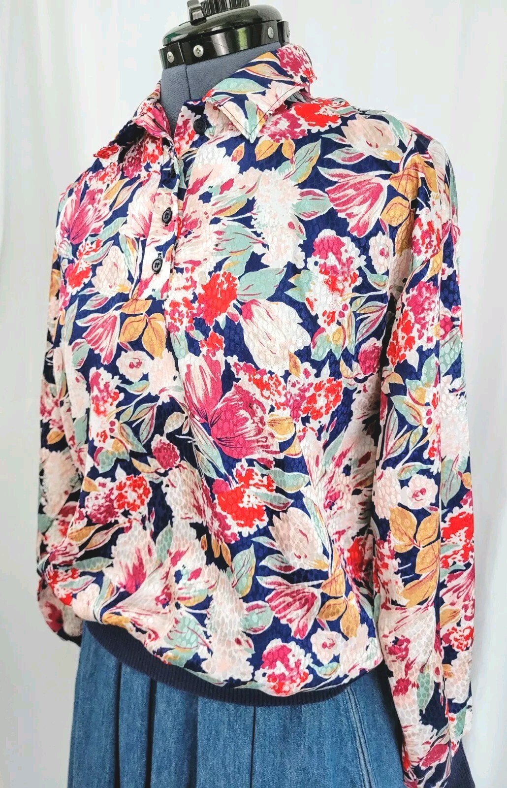 Vintage Jeri Marque Floral on Navy Blouse w Knit Cuffs & Waistband Sz M/L?