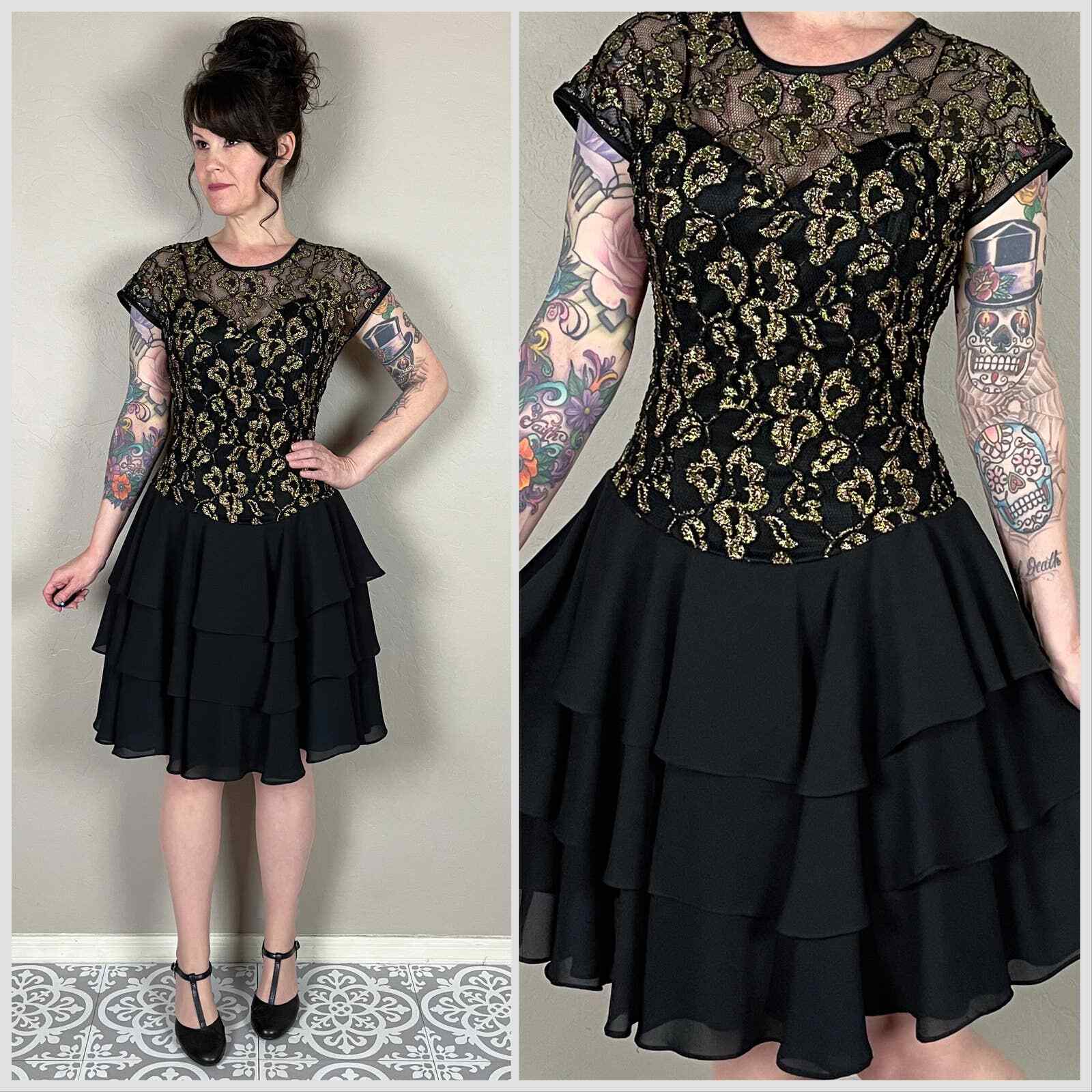 Vintage 1980s Lace Overlay Tiered Mini Dress – 26″/28″ Waist