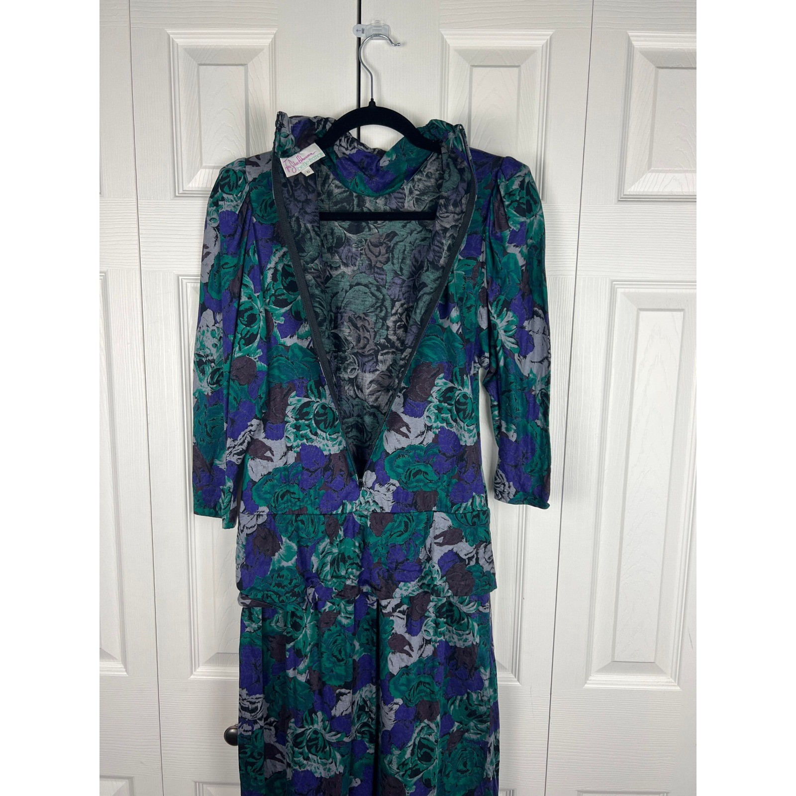 90s Floral Midi Dress Shoulder Pads Draped Waist Secretary Dress Rayon Medium
