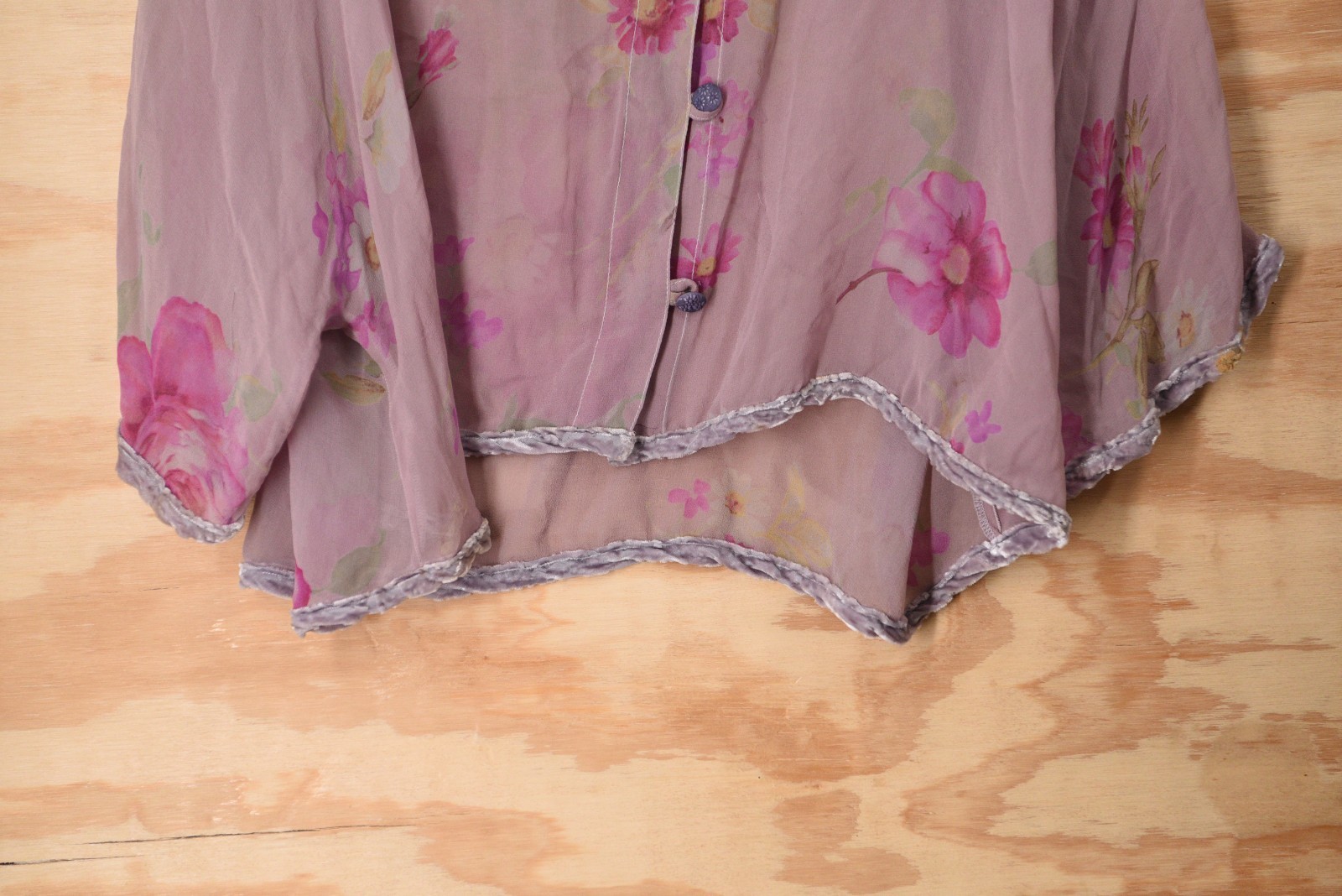 Vintage URU Kristine St Rrik Silk Floral Chiffon Velvet Trim RARE! Button Shirt