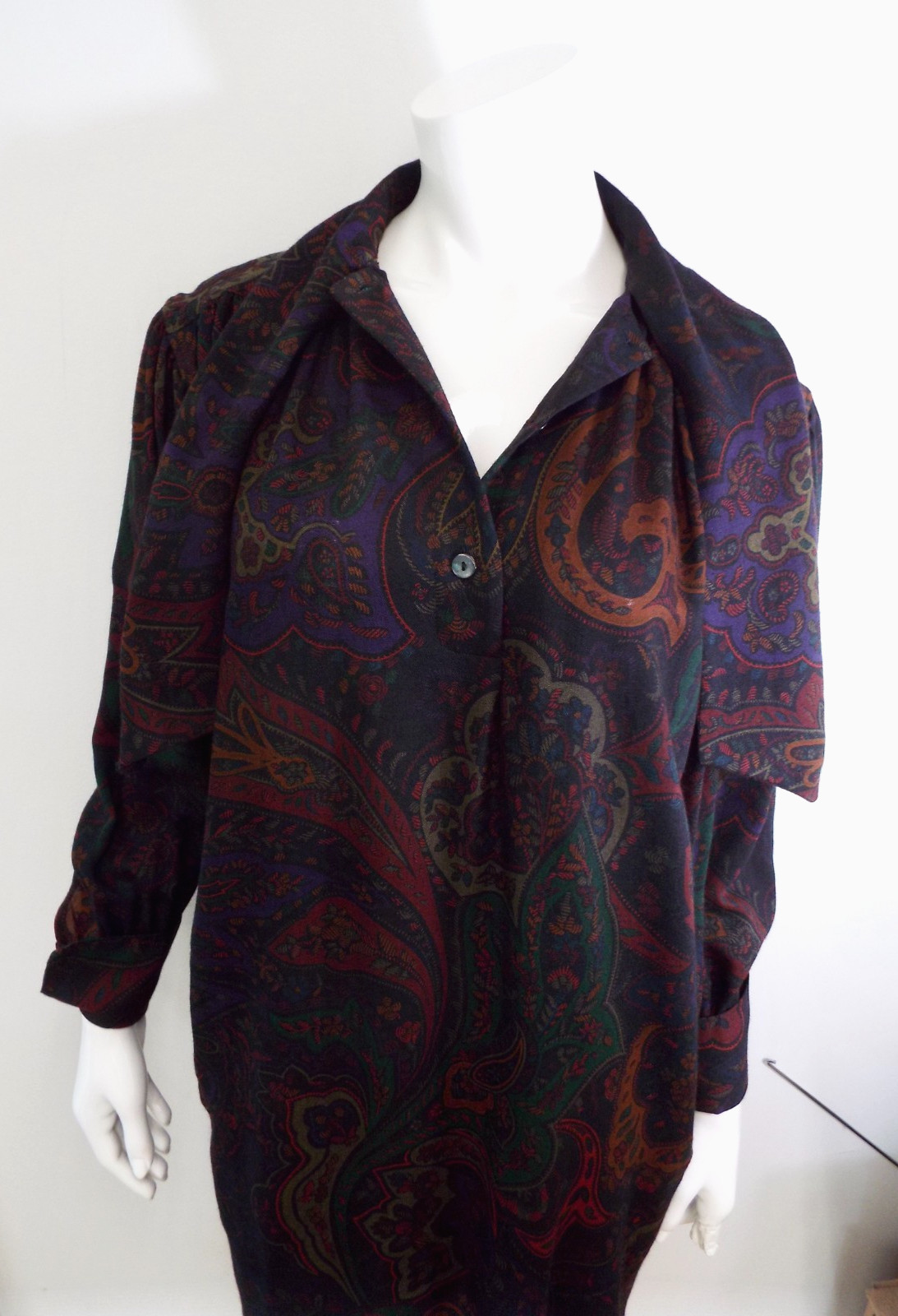 Vintage 1980s KENZO Paisley Wool Dress French Cuffs Pussybow Pockets Sakowitz
