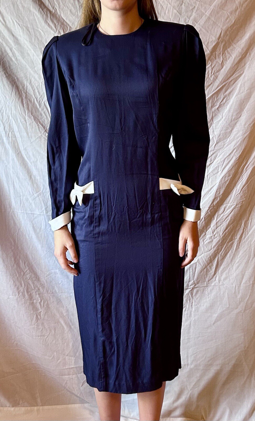 Vintage 1950’s Navy Dress with Cream Bows Art Deco Retro