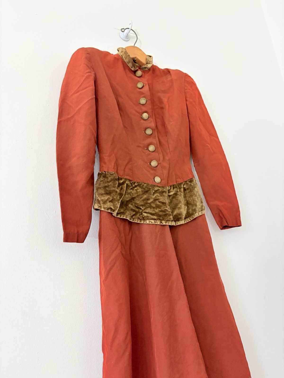 40s Rayon/Velvet Pointed Collar Long Sleeve Midi Dress Victorian Edwardian XS S