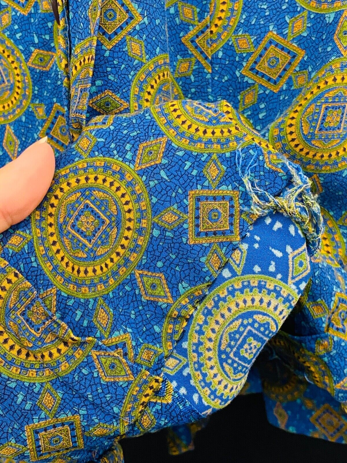 Vintage 1950s blue gold dress, cotton summer short sleeve shirt rayon green S