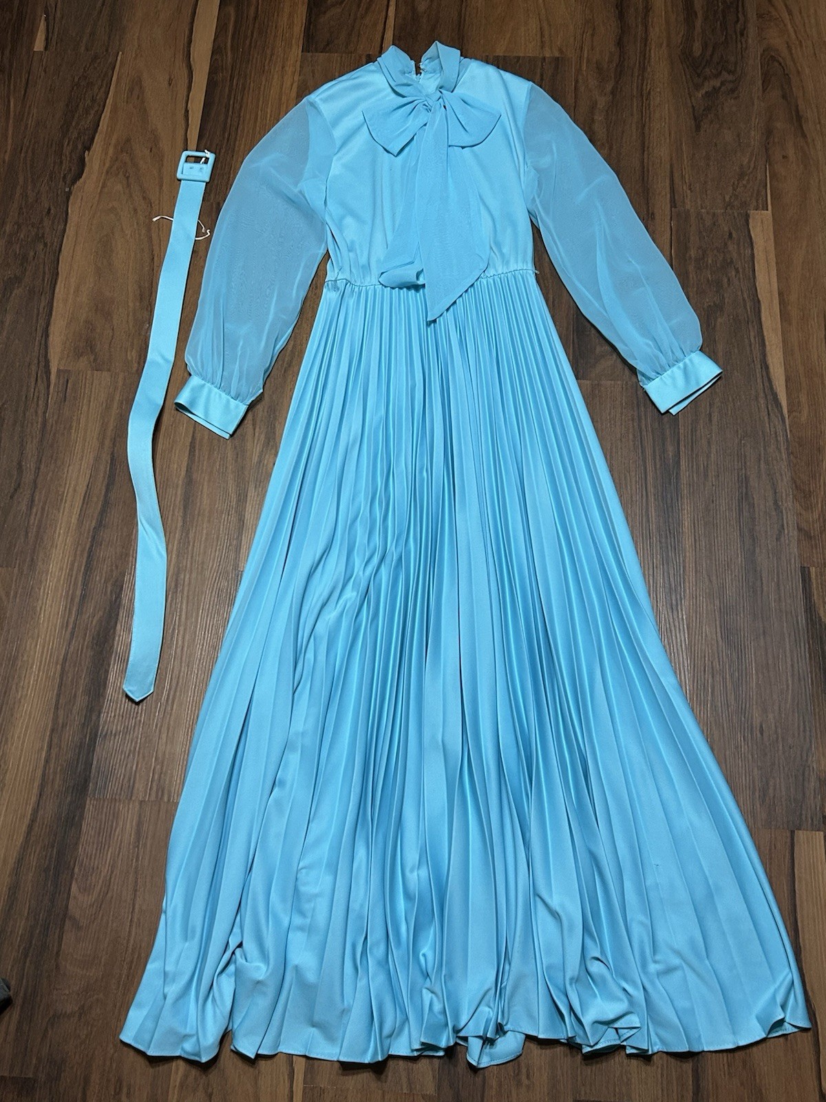 Vintage 50s 60s Sheer Lace Long Bow Maxi Accordion Pleated Dress Blue Belt Read