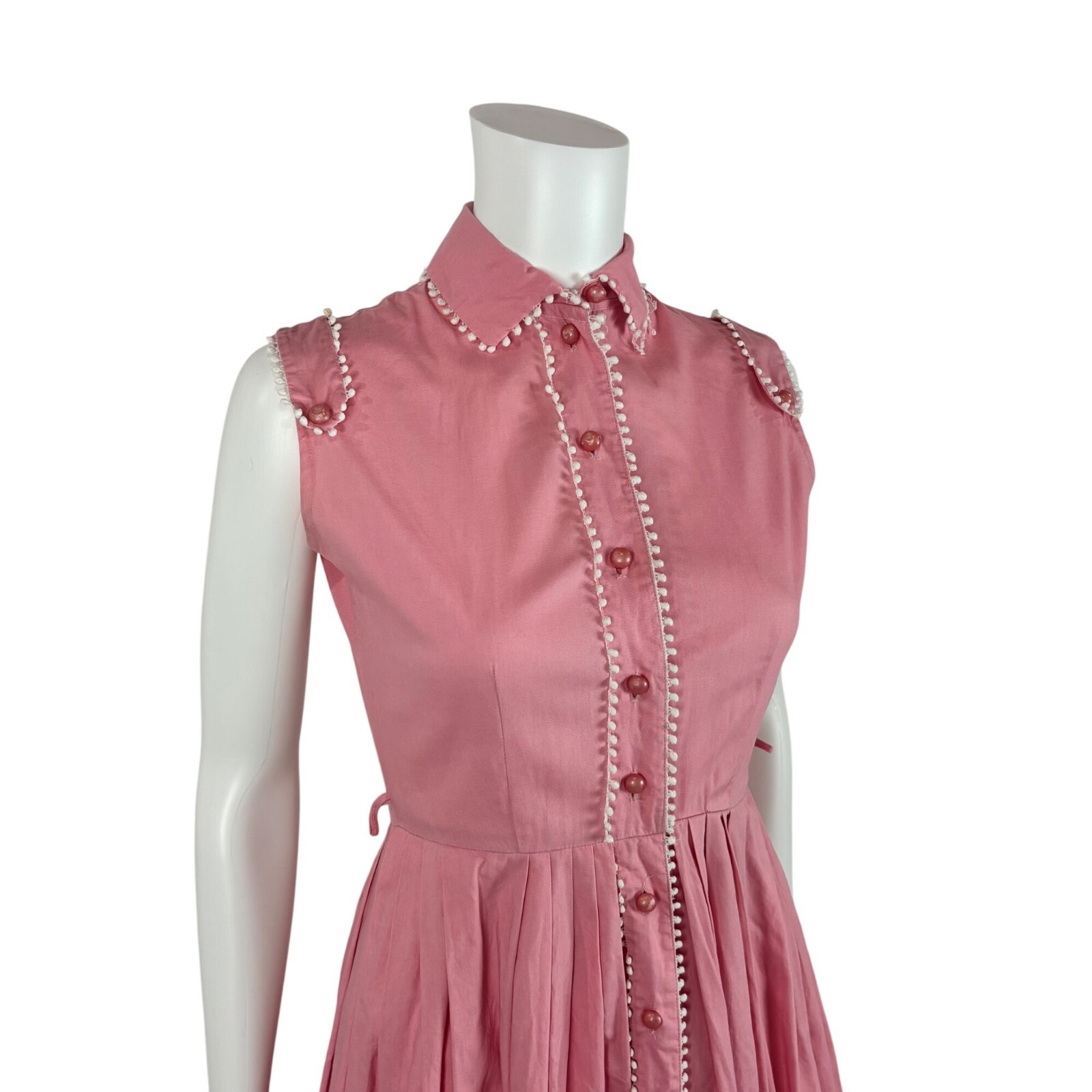 Vintage 50s Pink Shirtdress Women’s Size XXS Cotton Scallop Trim Fit & Flare