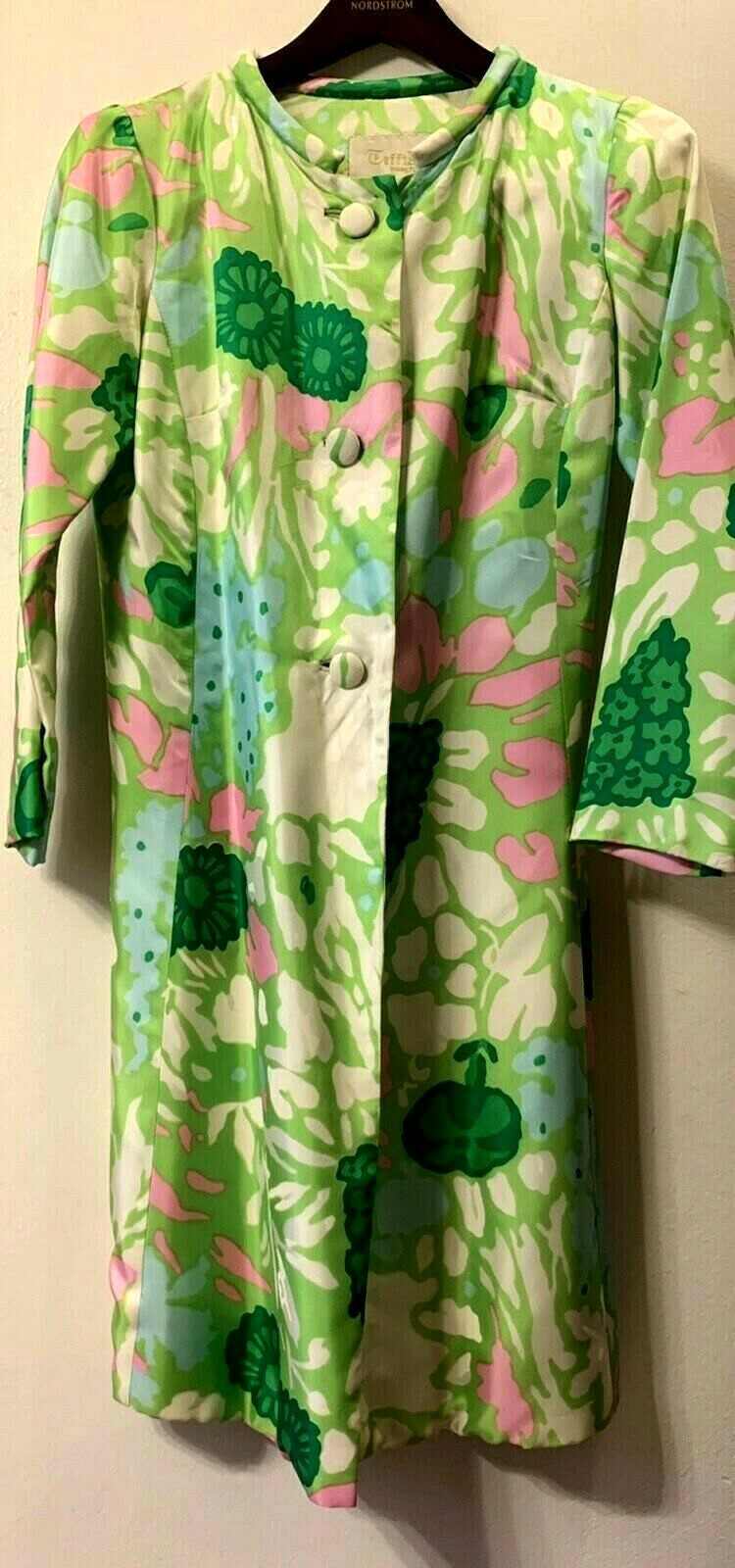 1960s Jacket COAT Small 3/4 Length TEFFTS MIAMI Flower Power Boho Green Pink Vtg