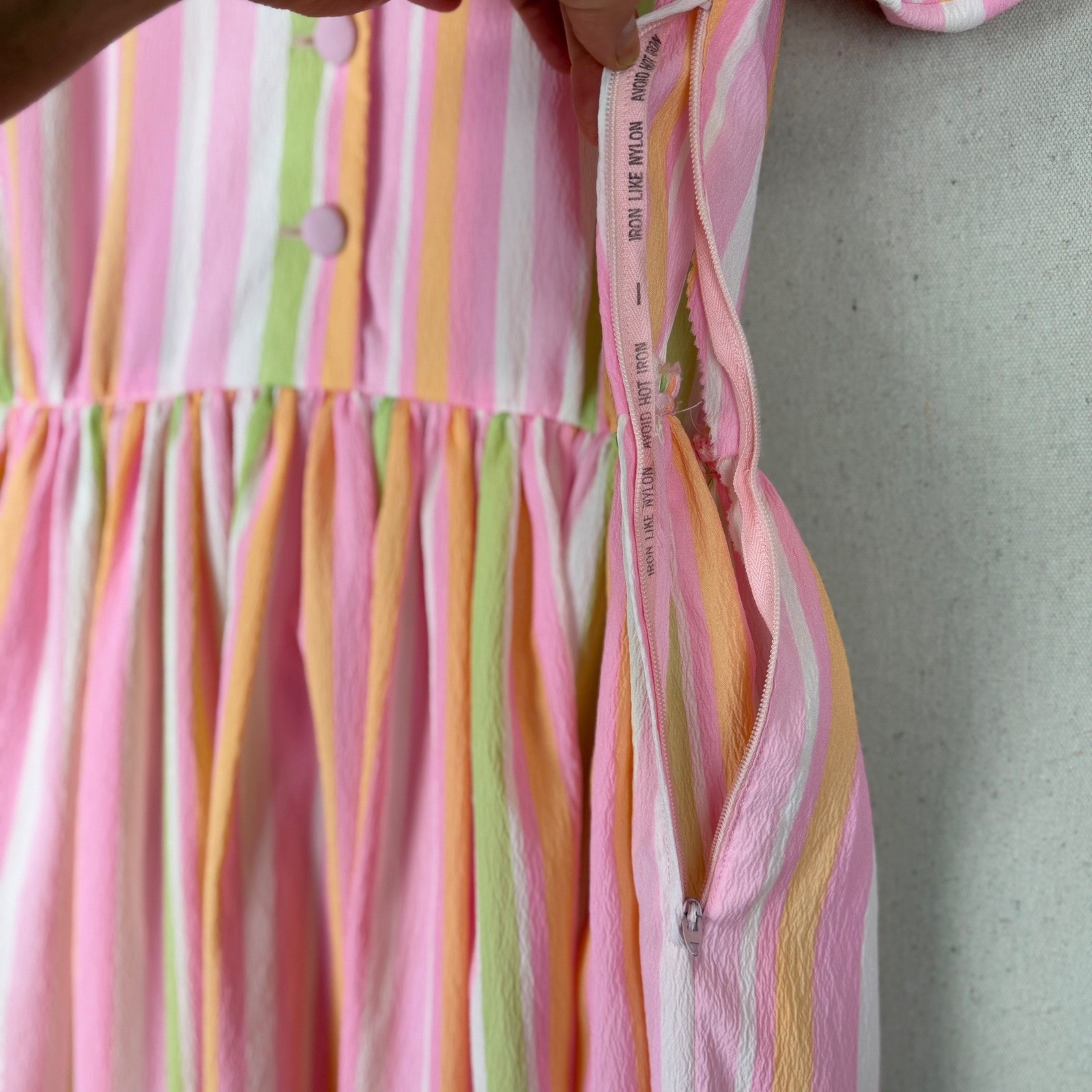 Vintage Pink Green Striped Fit & Flare Dress with Belt Short Sleeve Retro VTG
