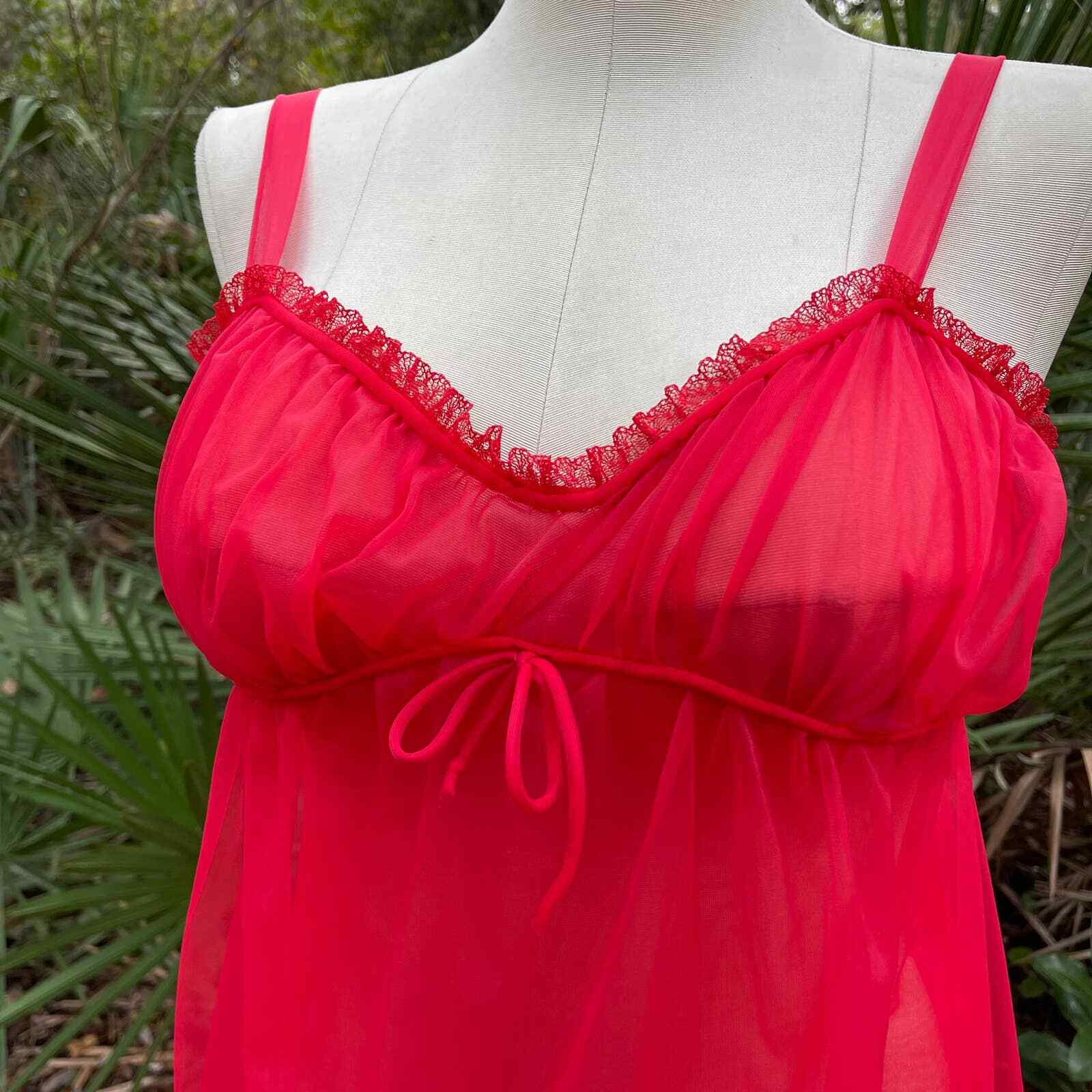 Vintage 50s Ethereal Red Chiffon Nightgown and Peignoir Set Lisette Size 34
