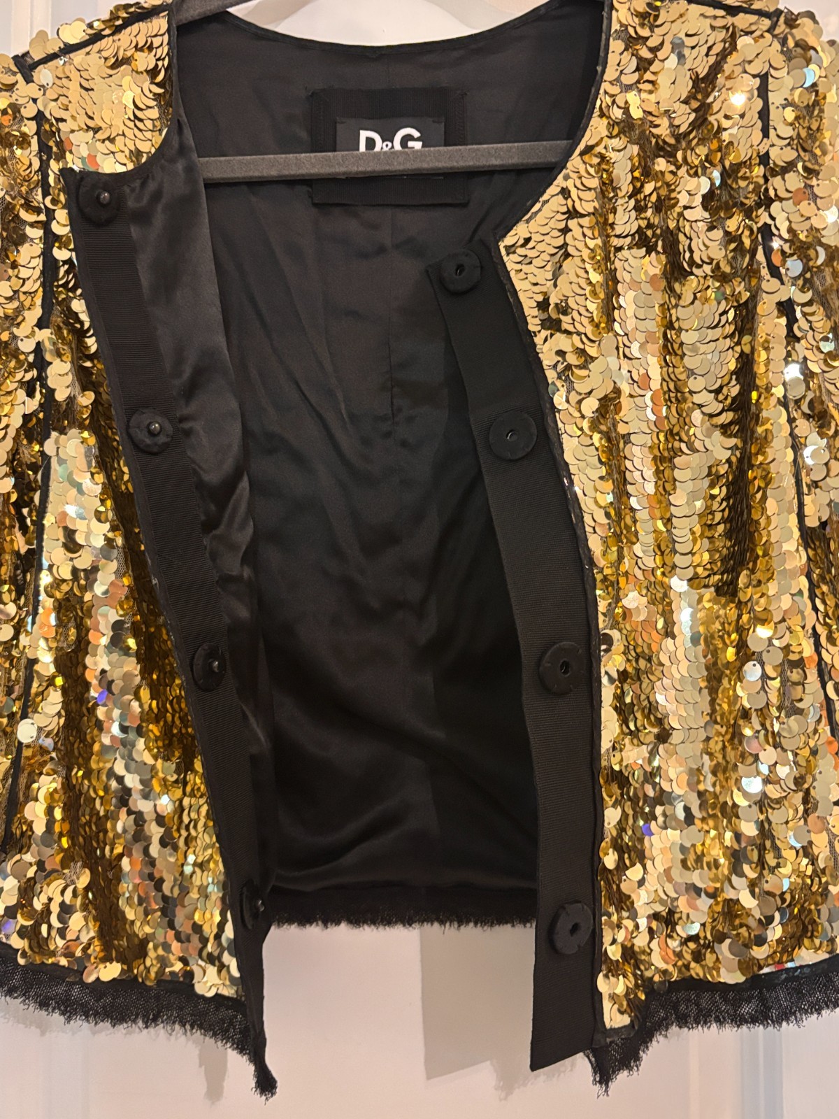 RARE 90s VTG D&G Dolce Gabbana Gold Sequin Jacket Black Trim Italy 40 COA Small