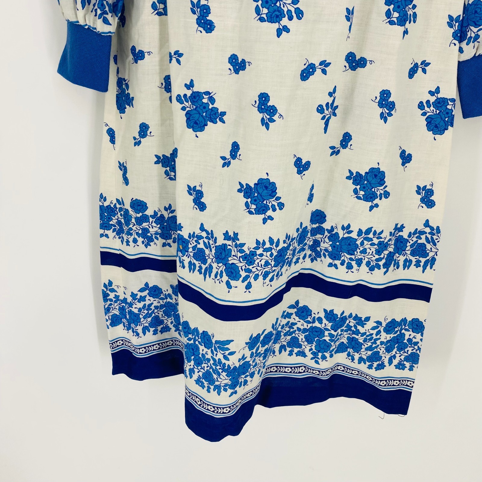 70s Vintage Handmade Blue White Floral Collared Long Sleeve California Dress M/M