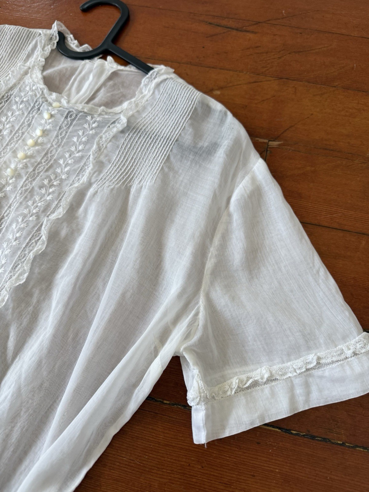 Antique Edwardian 1910s Sheer While Cotton Voile Blouse Embroidered Lace Panels