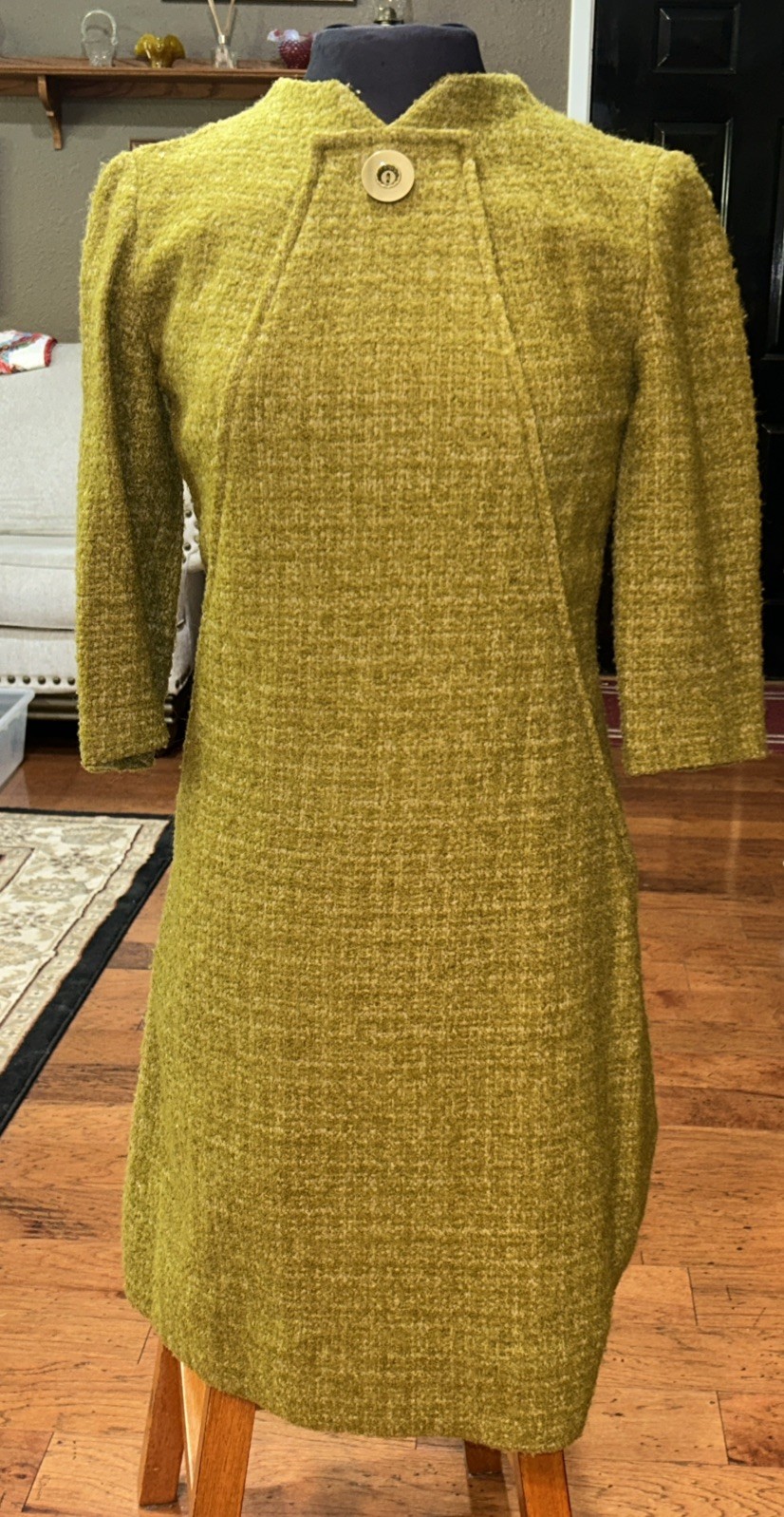 Vintage Retro Mod 60s 70s Acacado Green Dress Wool Polyester Medium Handmade
