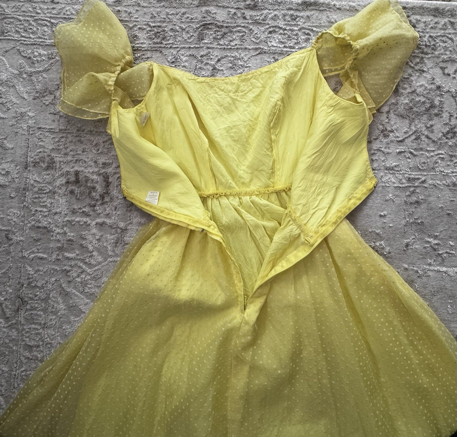 Vintage 1950s Yellow Swiss Dot Tulle Gown with Ruffle Sleeves and Lace Trim