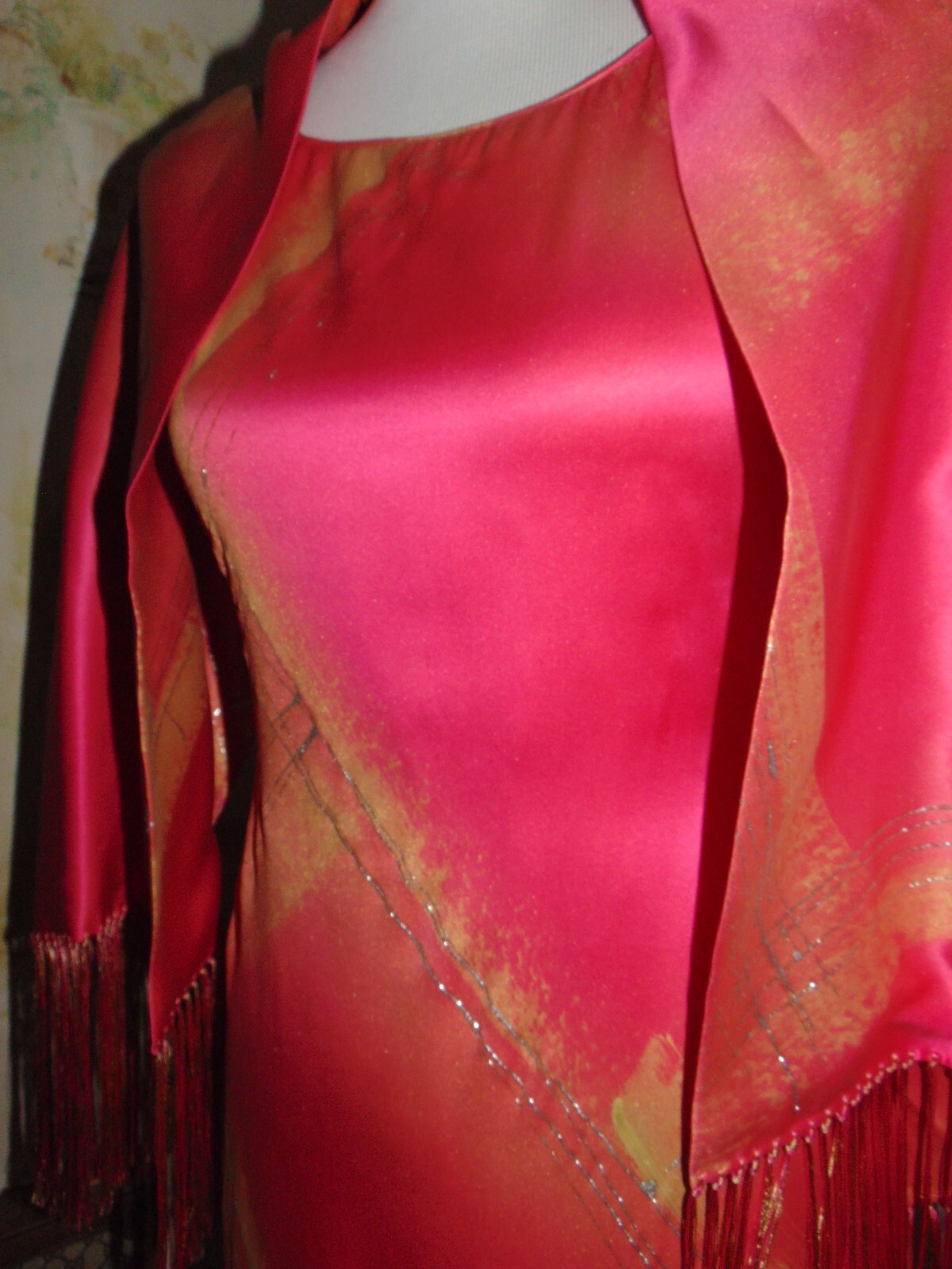 William Pearson Designer Vintage Dress Cheongsam Slit Rose Pink Gold Silver sz 6