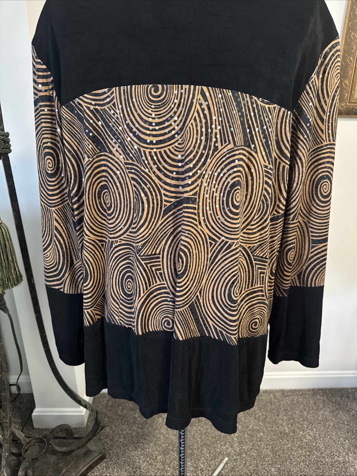 VTG 80s KOKOMO Open Knit TUNIC jacket sequin Geometric Brown Black Womens 1X USA