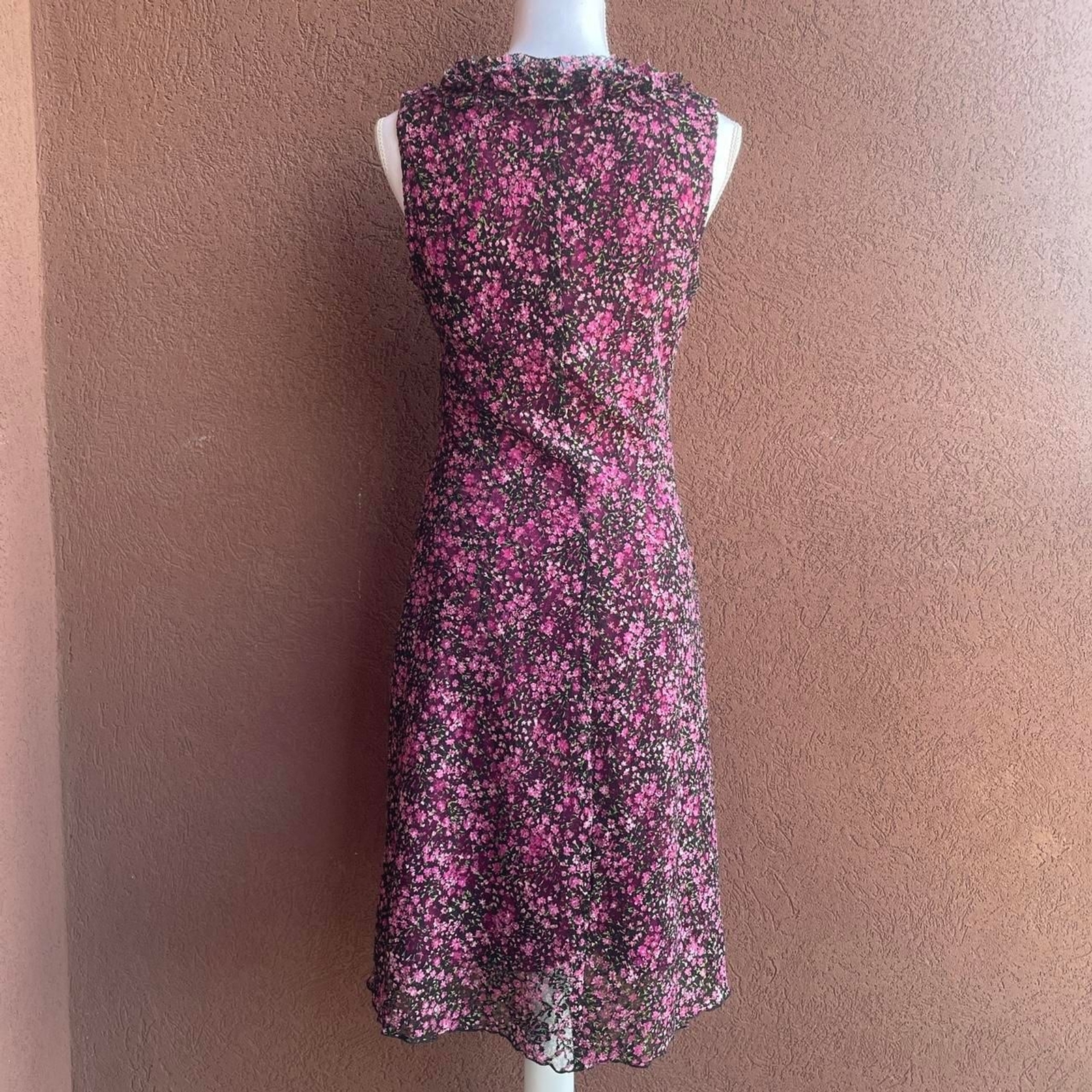 La-belle Pink & Black Floral Midi Dress with Pink Underslip and Deep V Neck