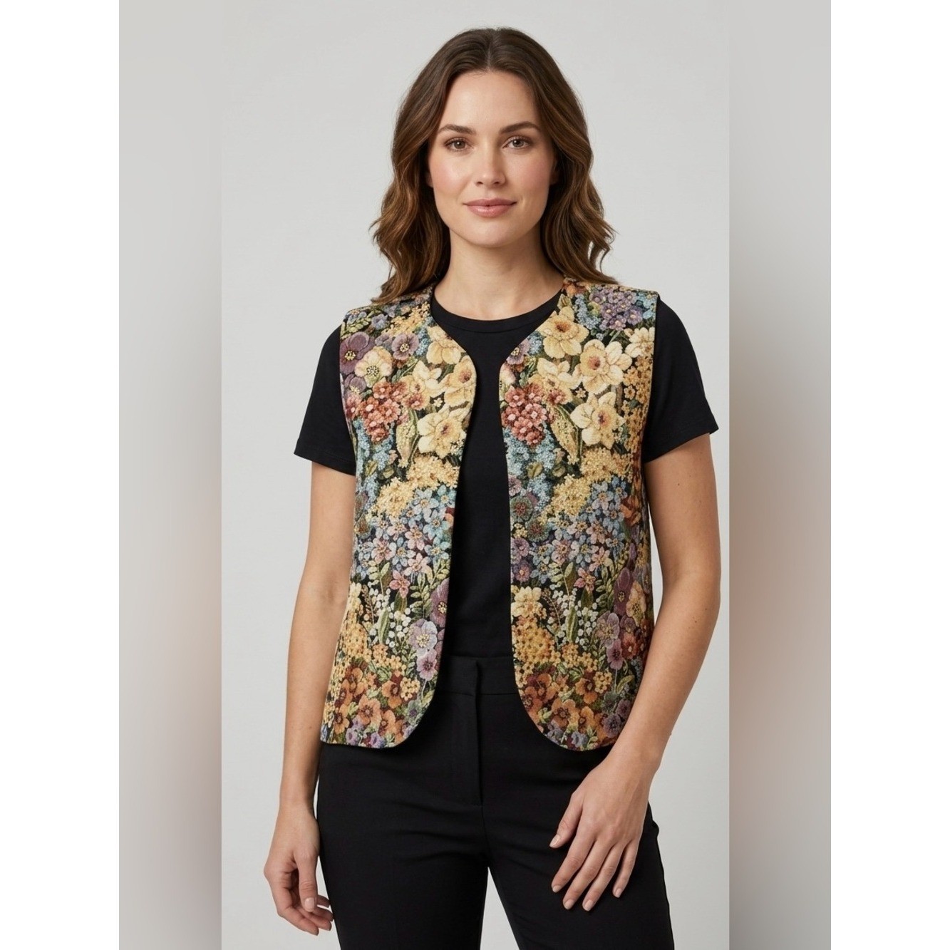 Vintage Floral Tapestry Open Front Vest | Boho Cottagecore Sleeveless Cardigan