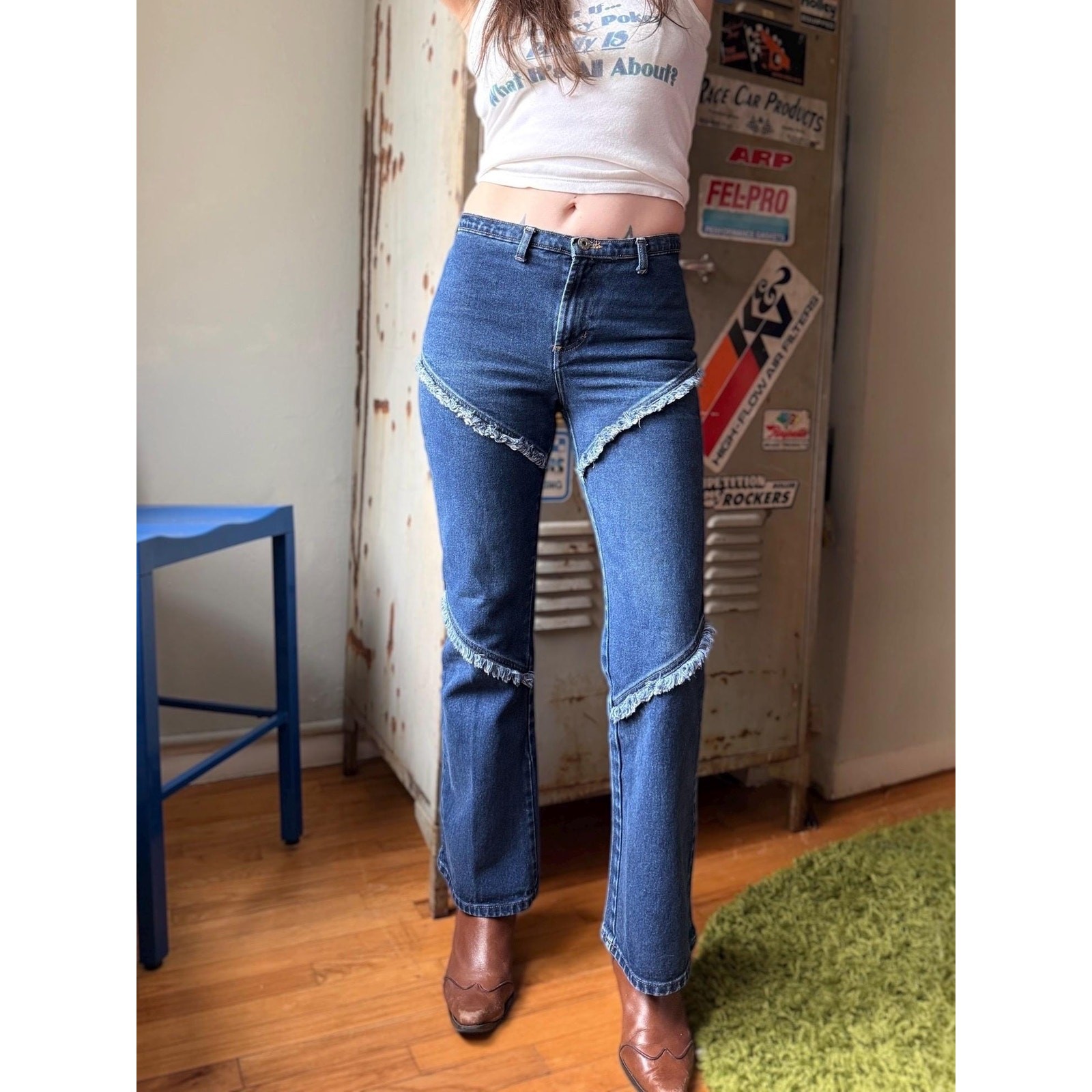 Vintage Y2K Fringe Panel Jeans | Low Rise Kick Flare Denim | Medium Wash | 29″