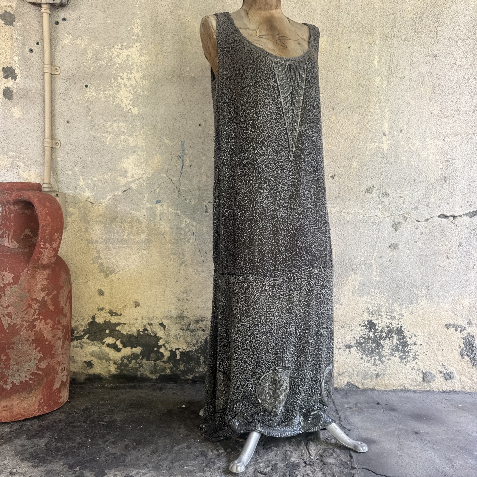 Antique 1920s Completely Silver Icy Beaded Gown Sequins Dress Scalloped Hem VTG