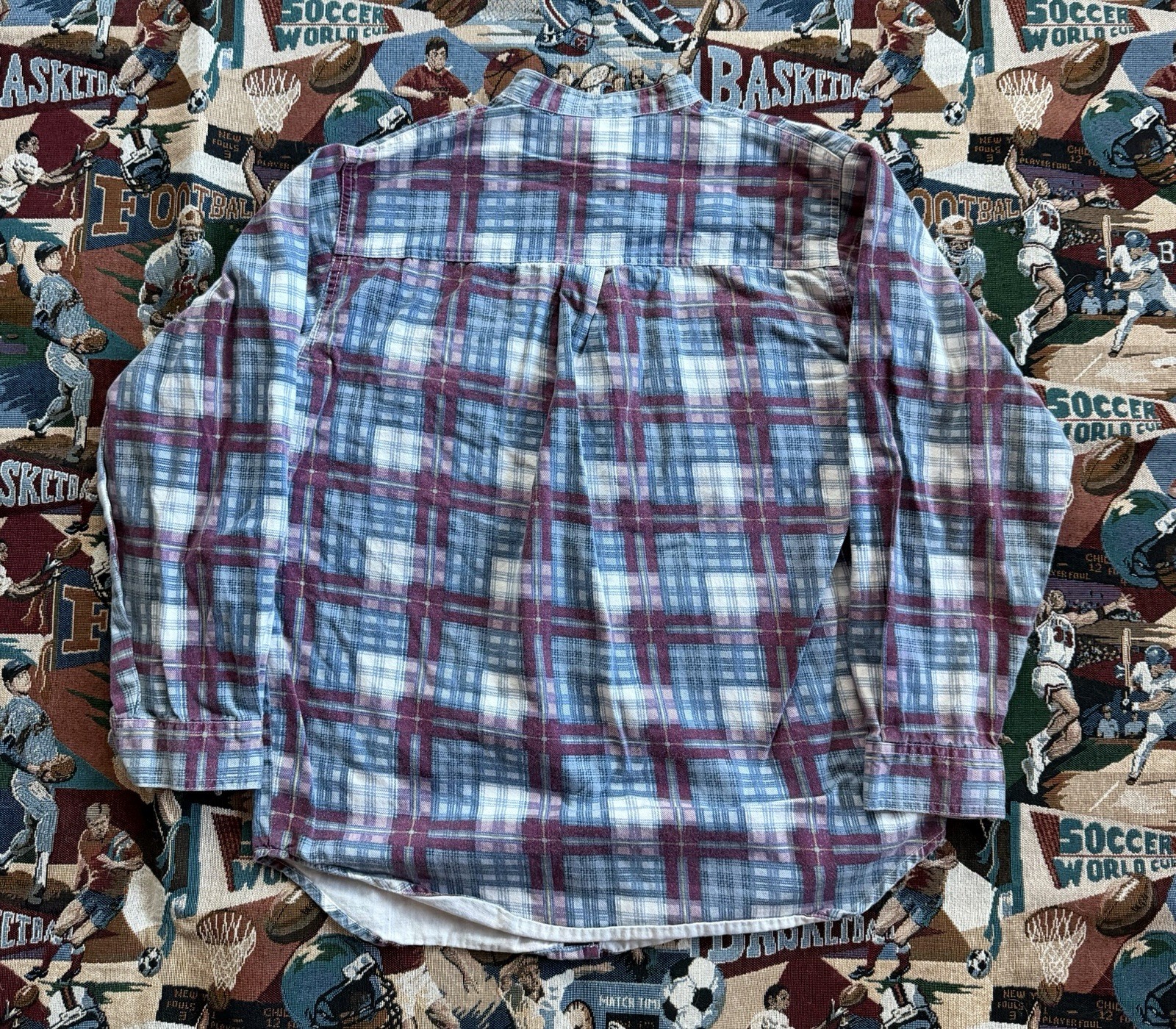 Vintage 90s Women’s Bonjour Blue Plaid No Collar Shirt Size Medium Button Up