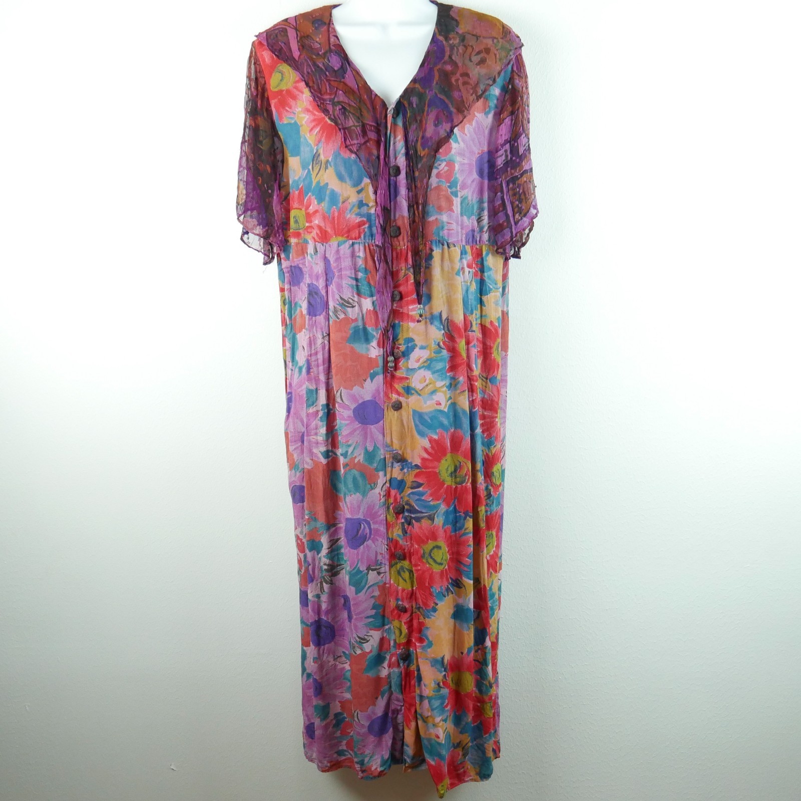 URU Dress Vintage 90s Mixed Media Maxi Button Floral Romantic Artsy Boho O/S