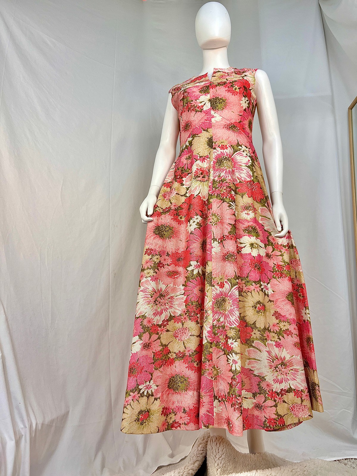 1960s Sparkly Lurex Pink Floral Maxi Dress, Med./Lg.
