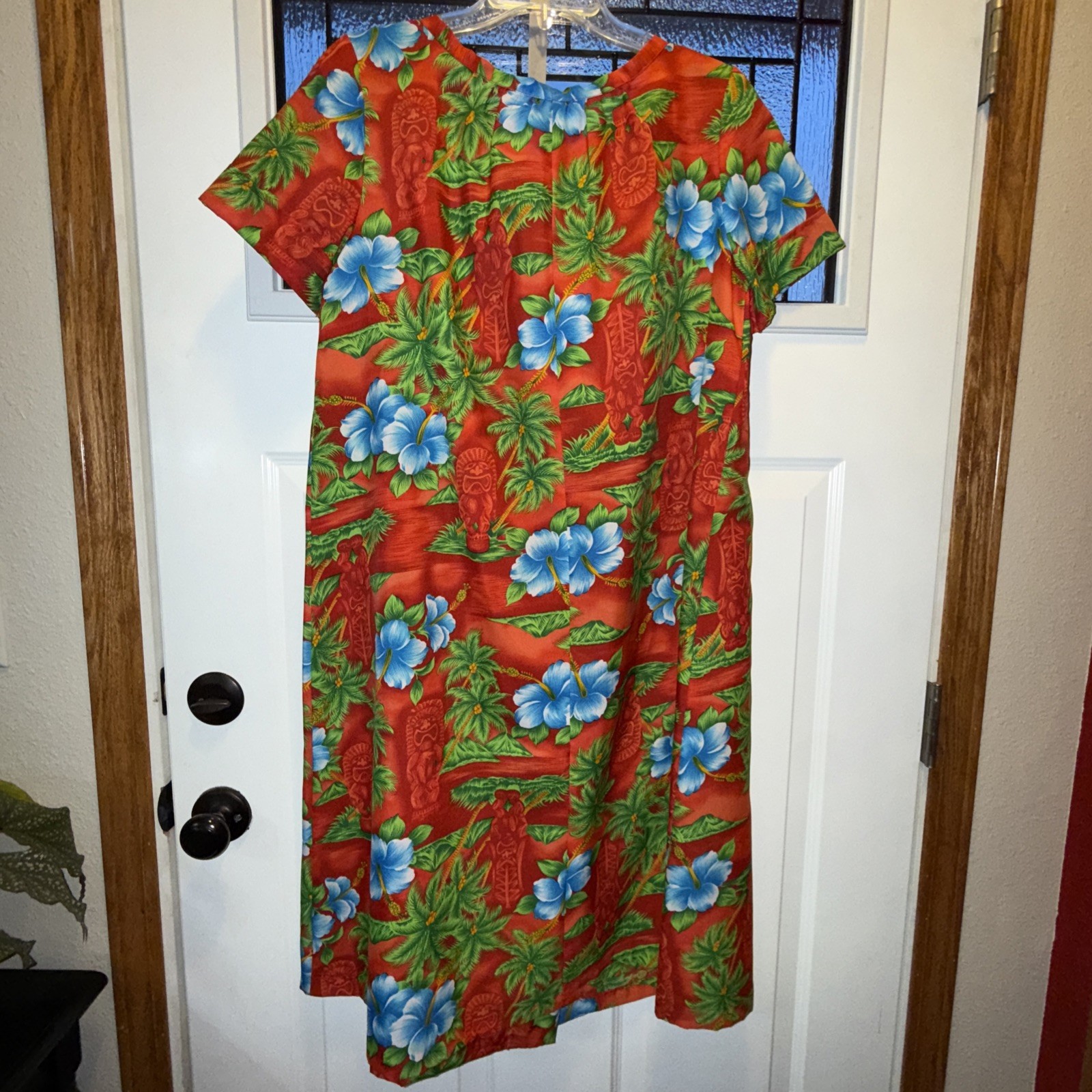 Vintage Hawaii House Dress Red Tropical Flowers Tikis Hawaiian Size 14 Muu Muu