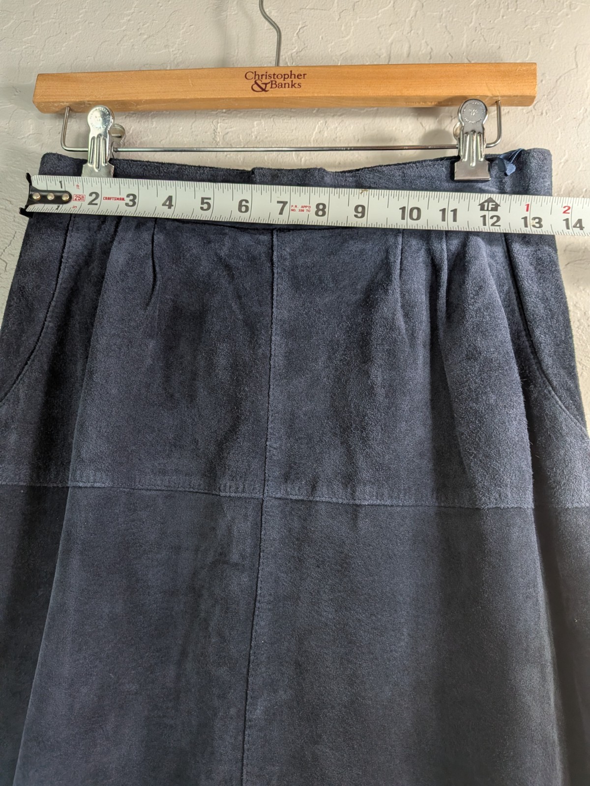 VTG Leather Suede Navy Blue Midi Skirt Western Chic Boho (Sz 12 Tag) 26 in waist