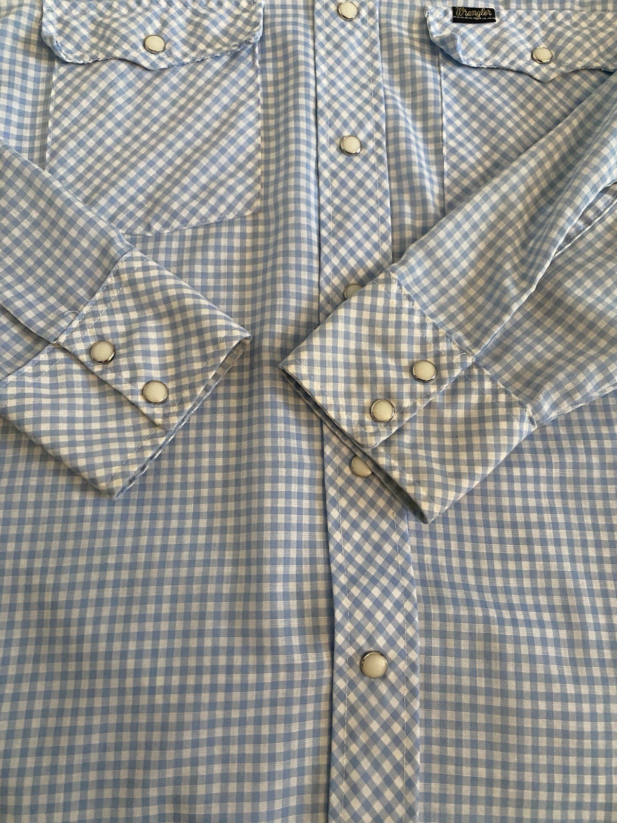 Vintage Wrangler Pearl Snap Western Shirt Womens Blue Gingham Size S Made In USA