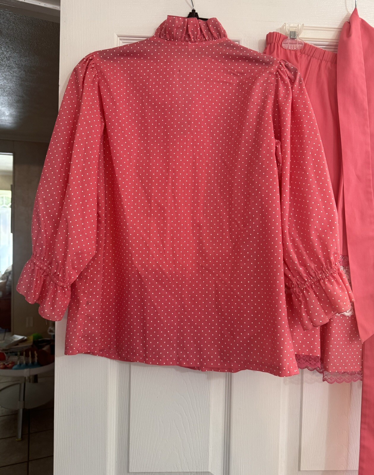 Vtg 70s Pink Polkadot Blouse & Skirt Little House Creations Carefree Creations