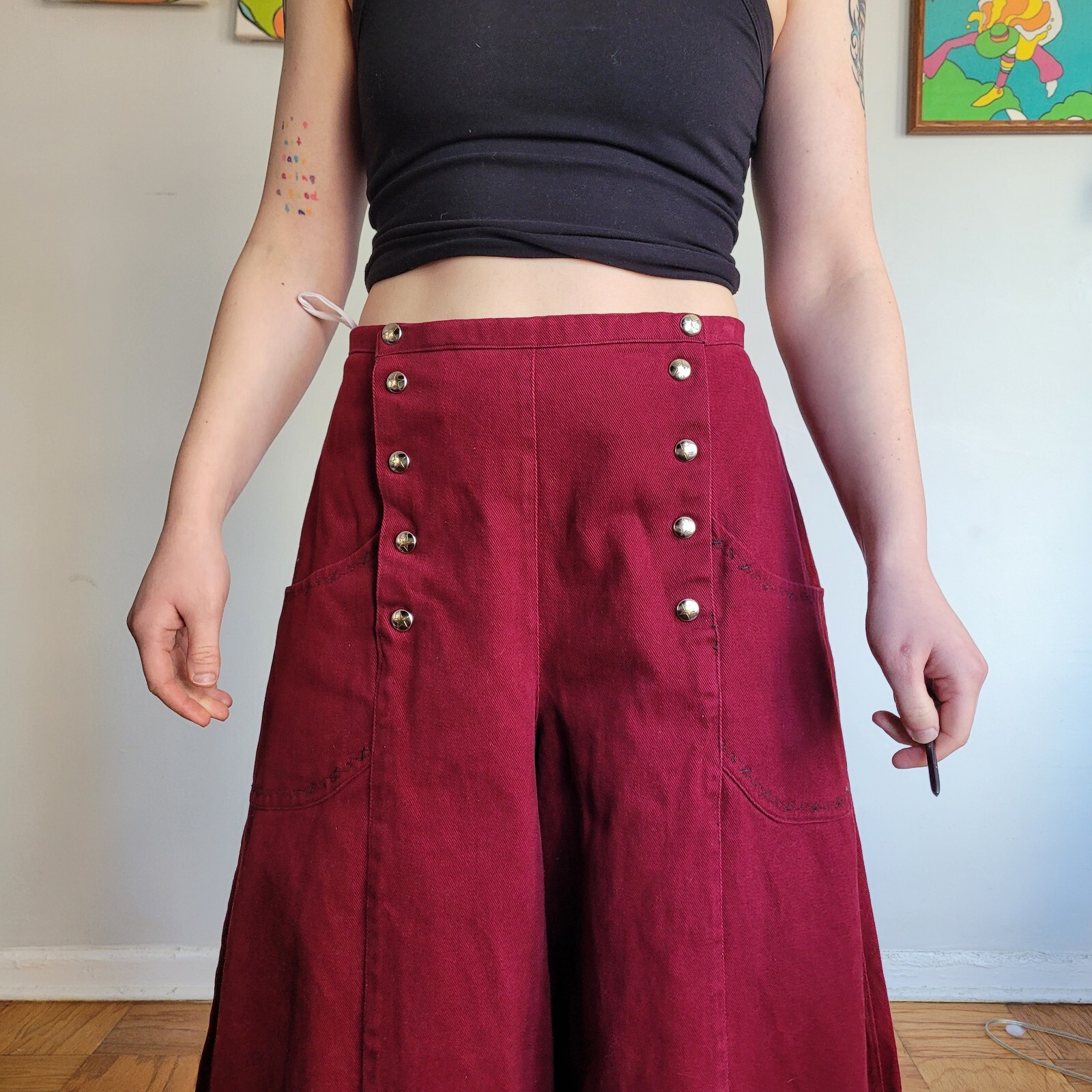 Vintage Maroon Wide Leg Bell Bottom High Waist Pant Hippy Rave 24″ Bell Size 29