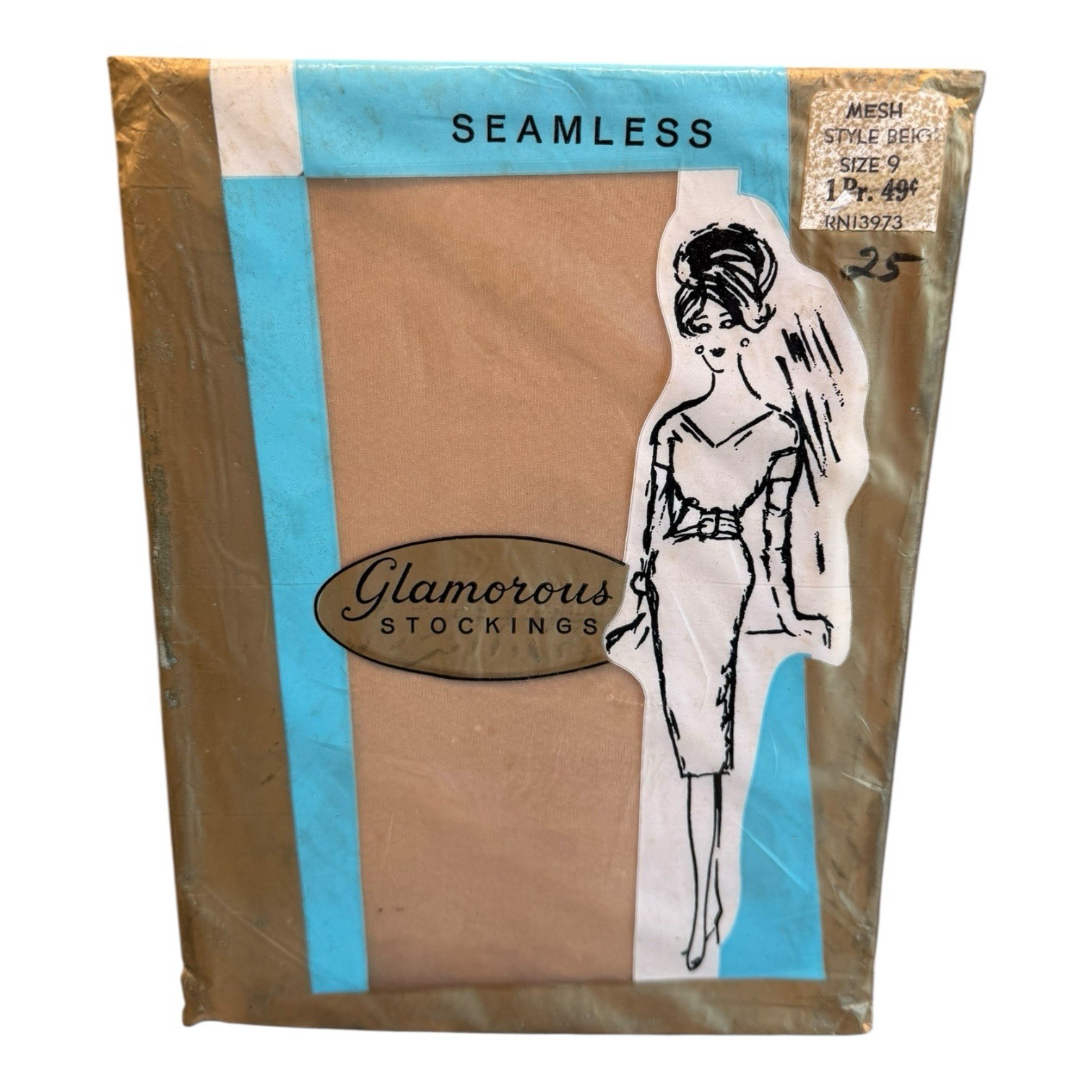 Vintage Glamorous Stockings Seamless Mesh size 9 Beige Nylon